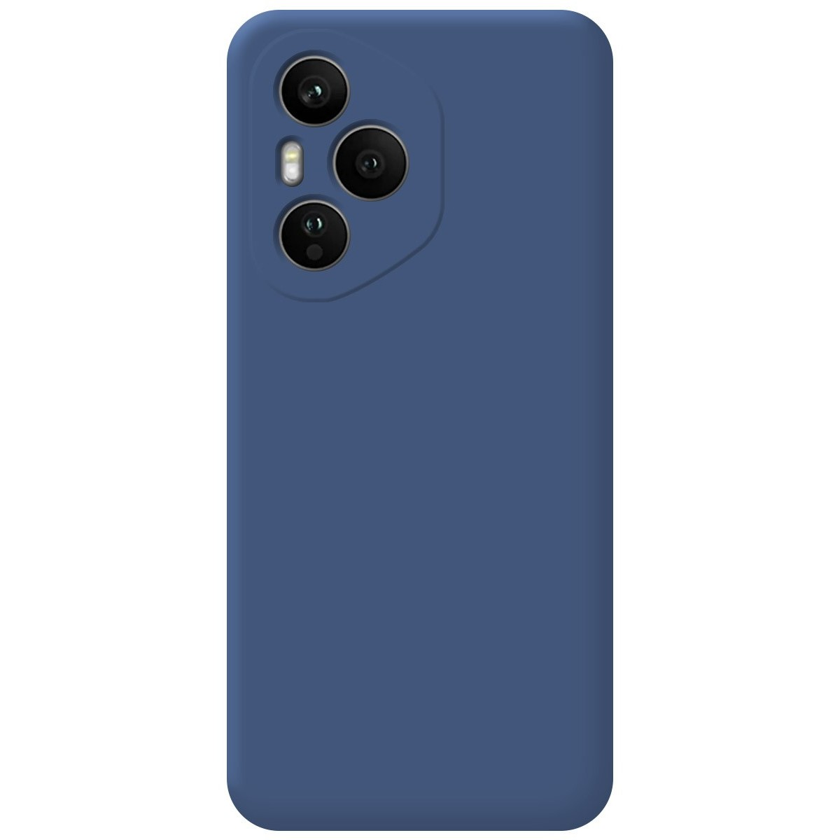 Una custodia blu per telefono con tre obiettivi della fotocamera. Il retro della custodia è blu liscio e uniforme.