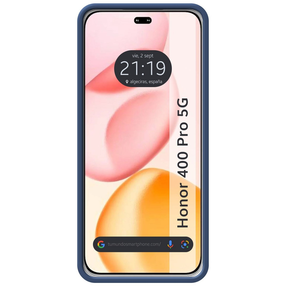Un telefono blu in una custodia nera. Lo schermo del telefono mostra l'ora e la data.