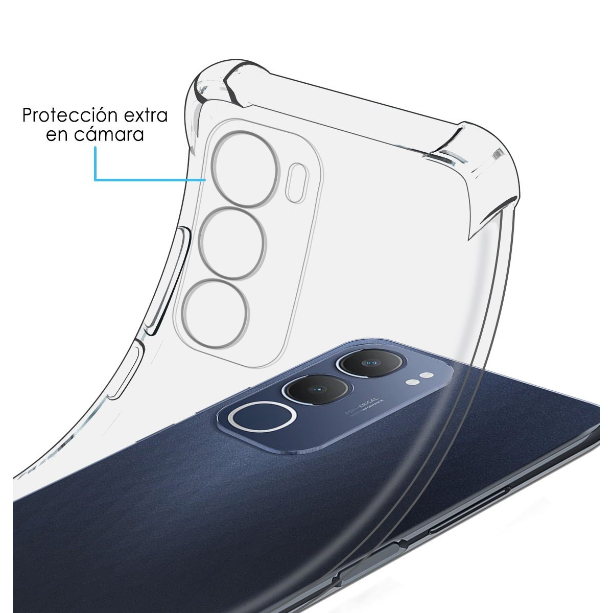 Una custodia trasparente per telefono su un telefono blu. Il testo in spagnolo indica una protezione extra per la fotocamera.