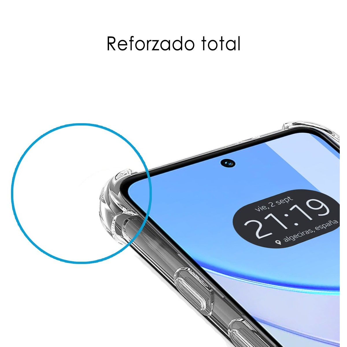 Uno schermo di smartphone mostra l'ora e la data. Una custodia trasparente protegge il telefono. Il testo sopra dice 'Reforzado total'.