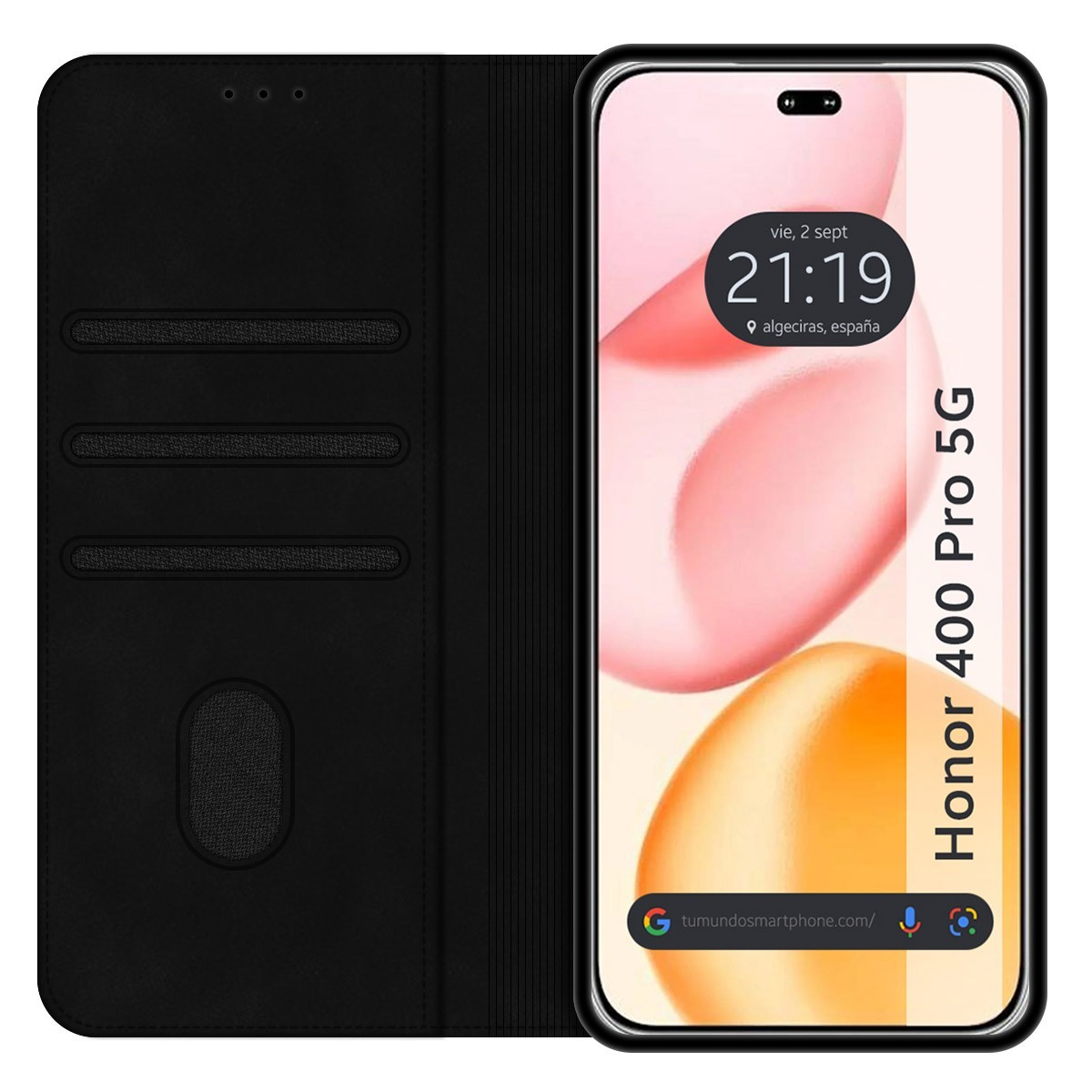 Custodia per telefono nera aperta con telefono che mostra ora e data. Il telefono mostra sfondo rosa e giallo.