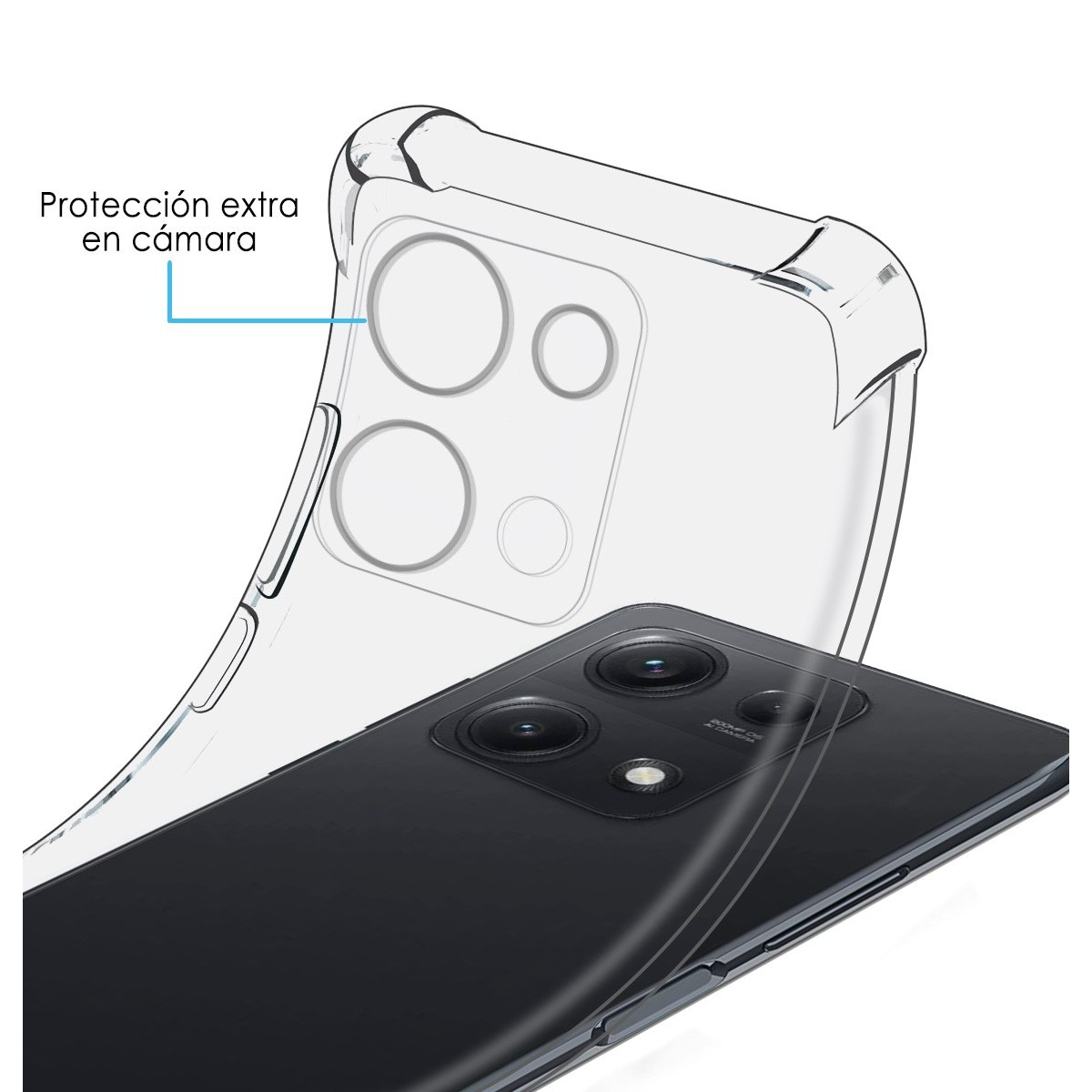 Telefono con cover trasparente, che mostra l'area della fotocamera. Protezione extra.