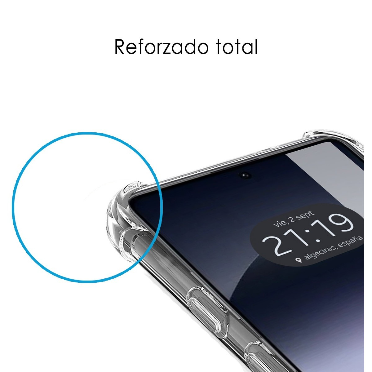 Primo piano di un angolo della custodia del telefono. Il testo dice 'Reforzado total' che significa completamente rinforzato.