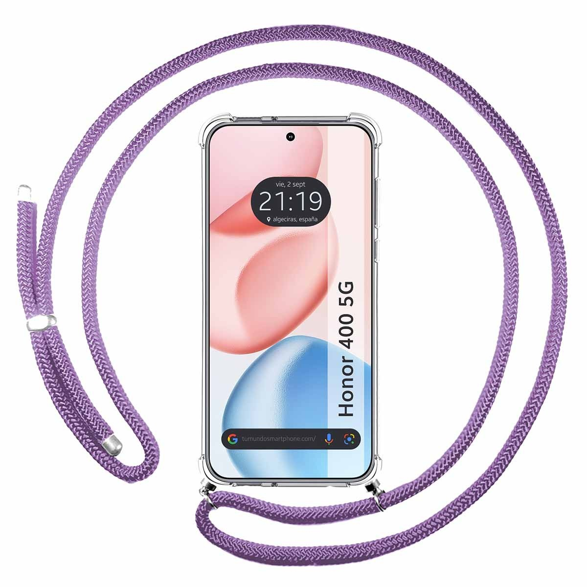Telefono in custodia trasparente con cordino viola. Mostra ora, data e indirizzo web.