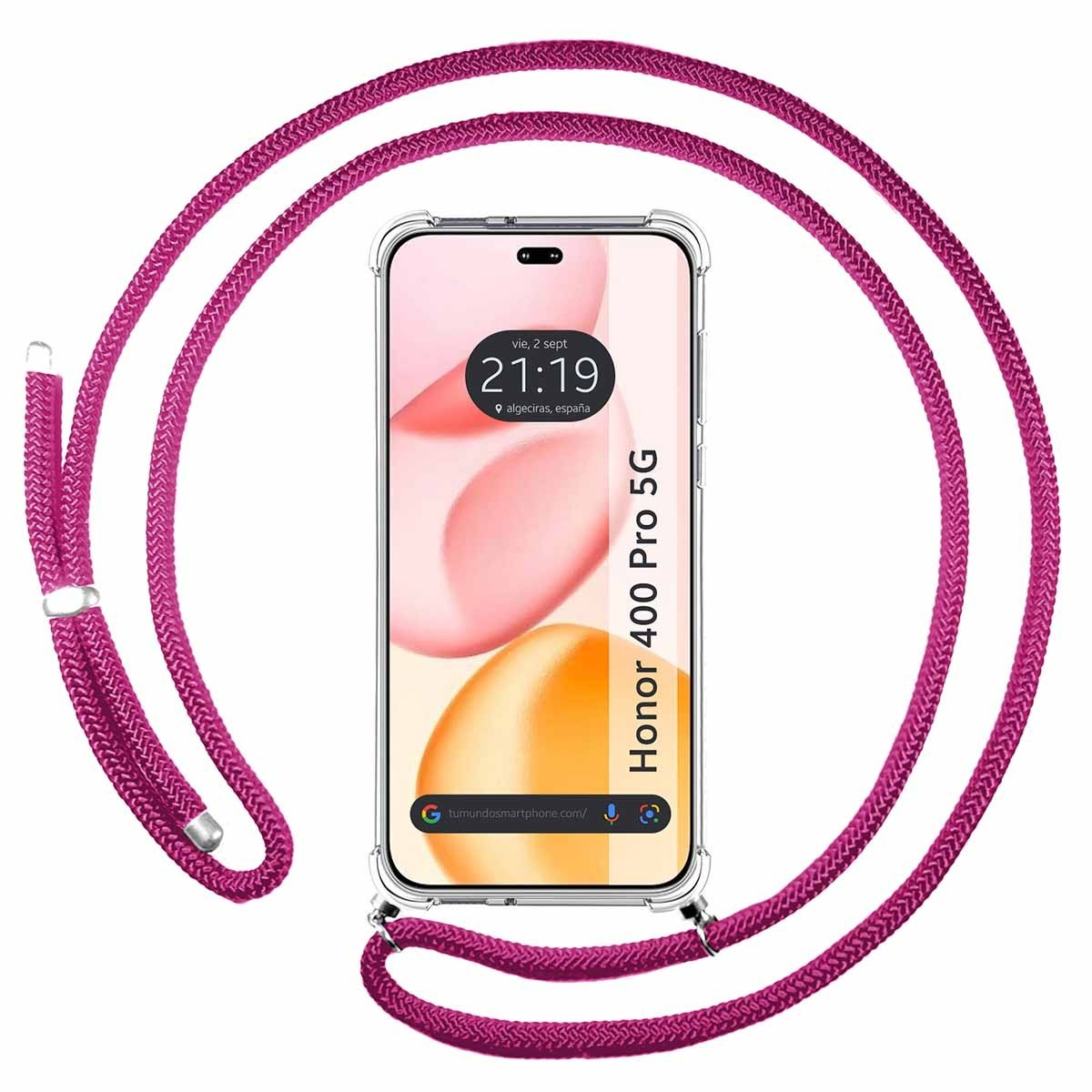 Viene mostrato un telefono con un cordino rosa. Il telefono mostra un'ora e le parole 'Honor 400 Pro 5G'.