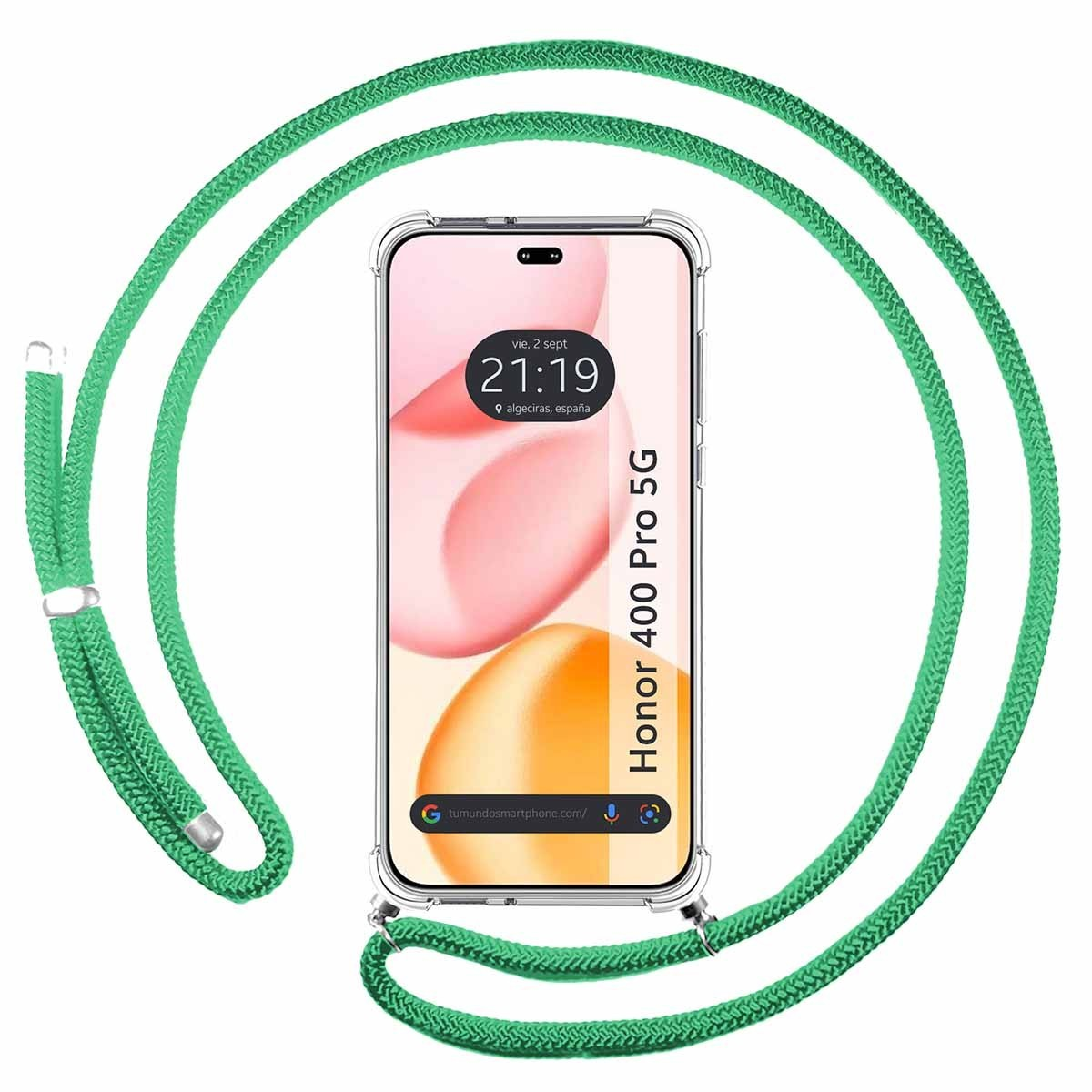 Funda con cordón verde y teléfono mostrando las 21:19.