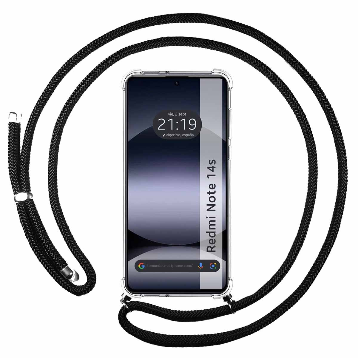 Un telefono con un cordino nero. Lo schermo mostra l'ora e la posizione.