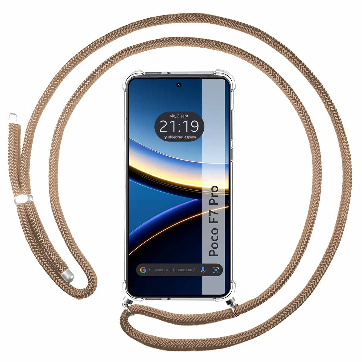 Telefono con cinturino marrone e schermo che mostra l'ora.