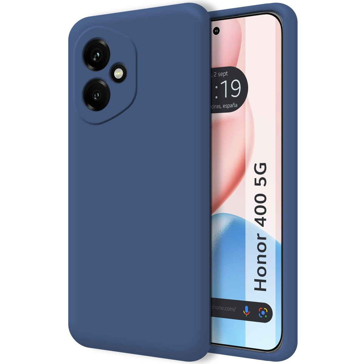 Custodia per telefono con un colore blu unito. Lo schermo mostra l'ora e la data.