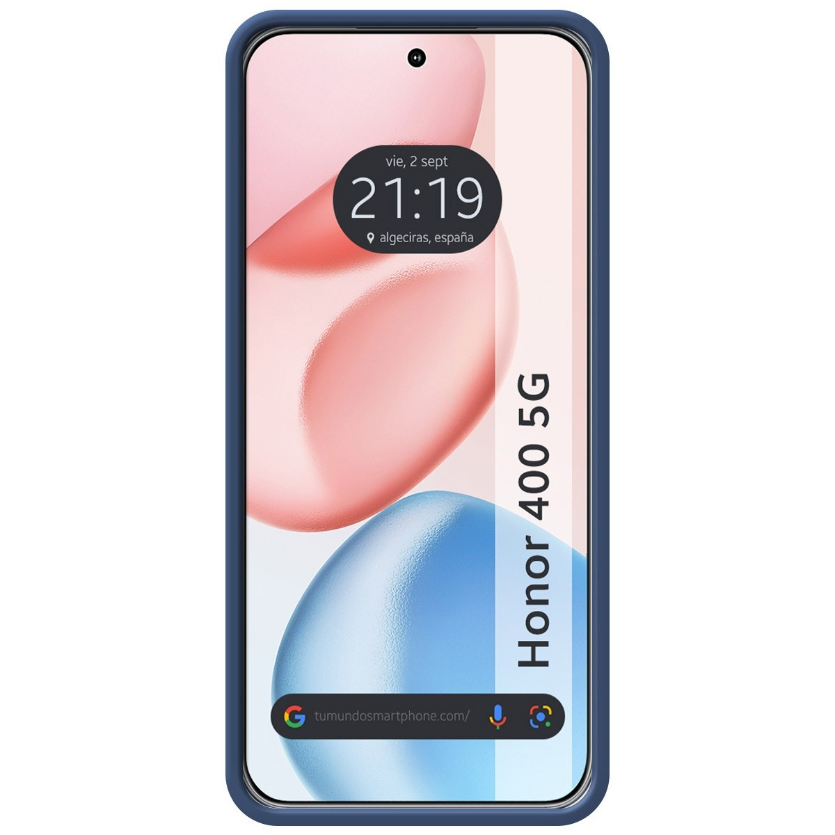 Telefono con custodia blu. Lo schermo mostra l'ora e la data.