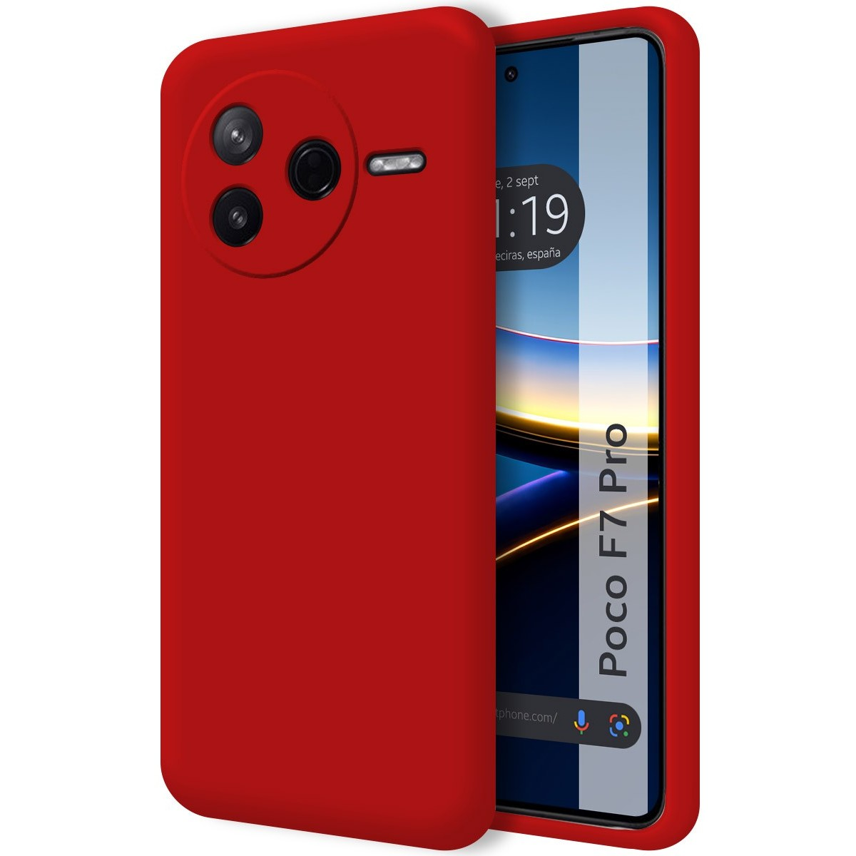Custodia del telefono rossa e uno schermo con data e ora.