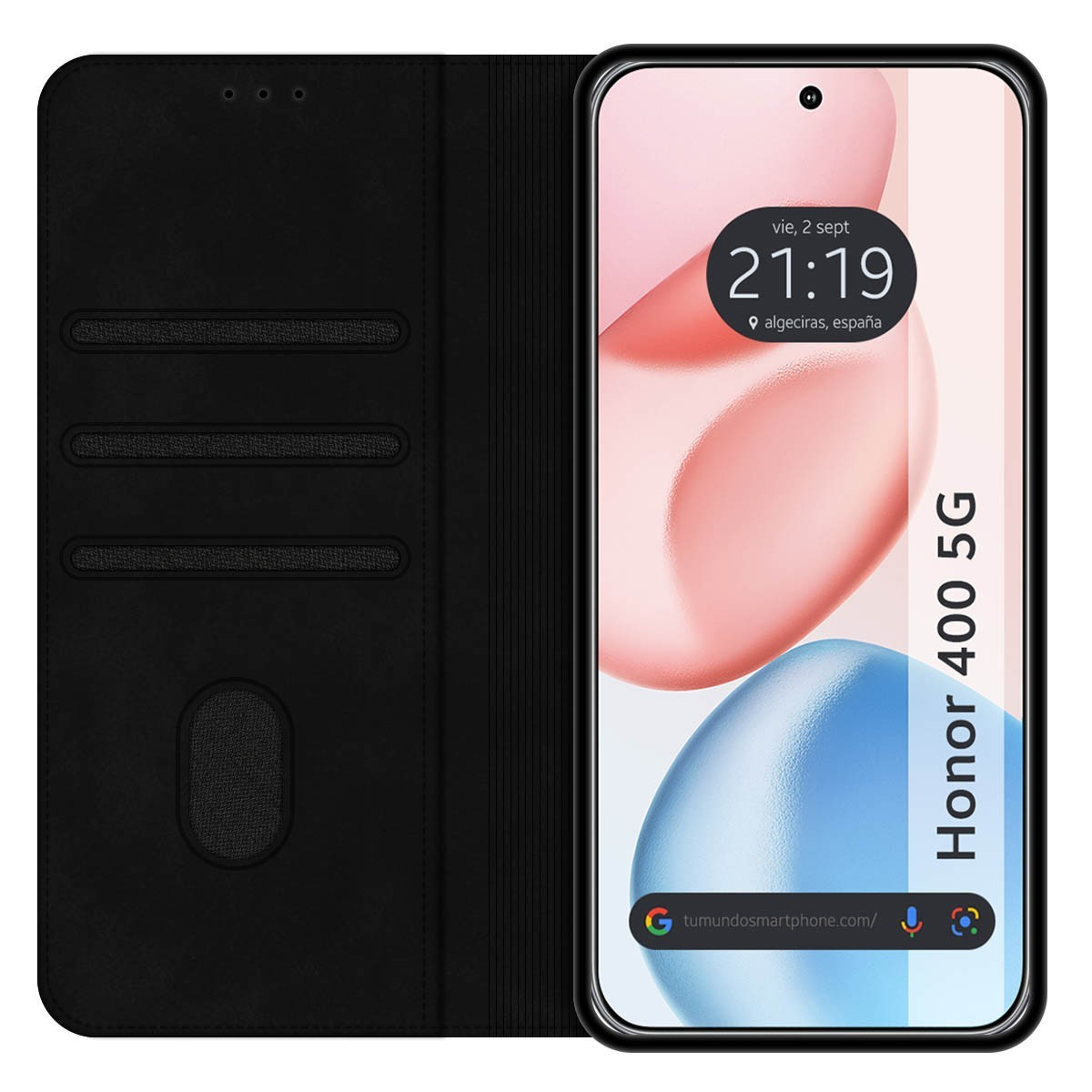 Custodia nera aperta, mostra un telefono con orario e marchio Honor 400 5G.
