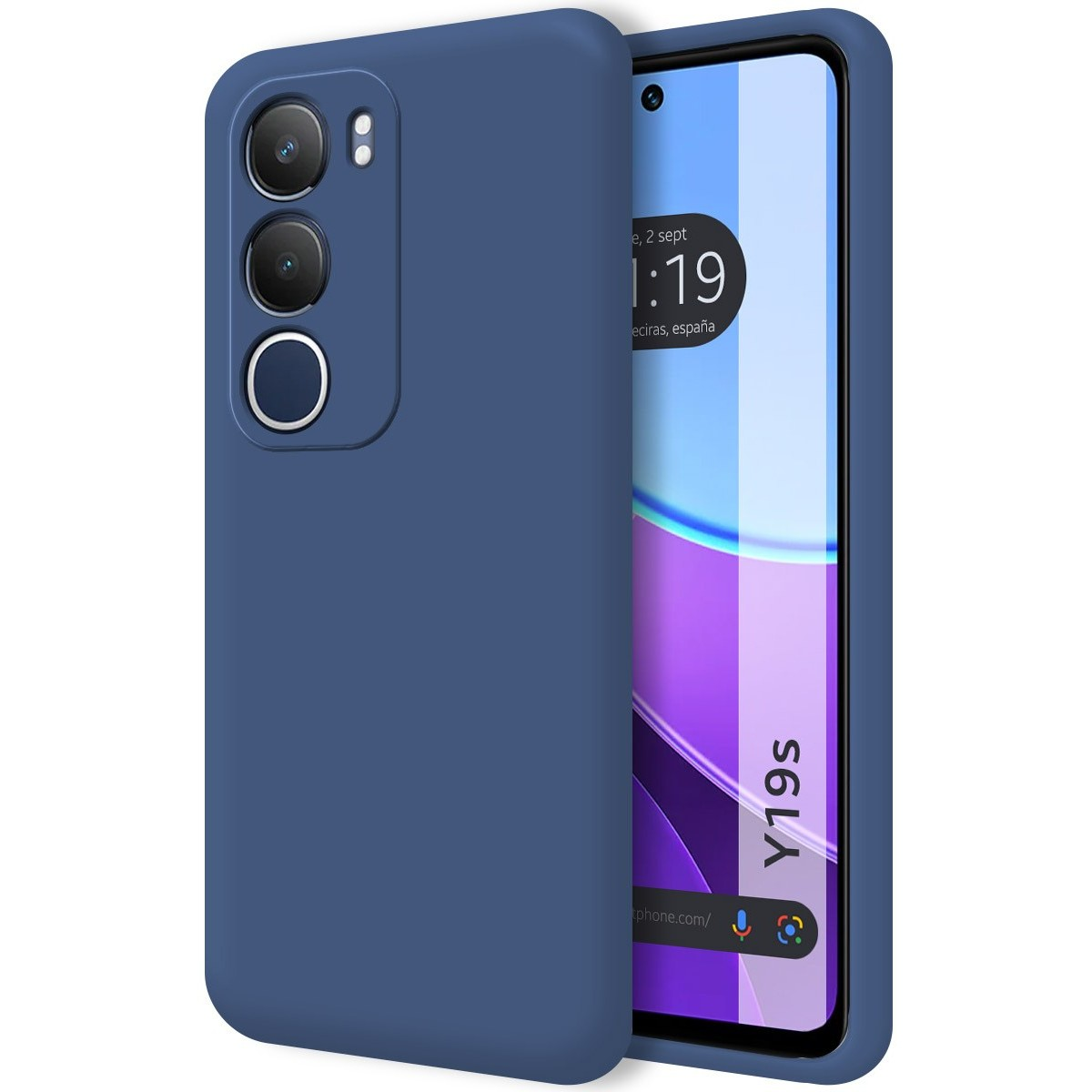 Una custodia blu con modulo fotocamera. Un telefono mostra uno schermo con un'app.