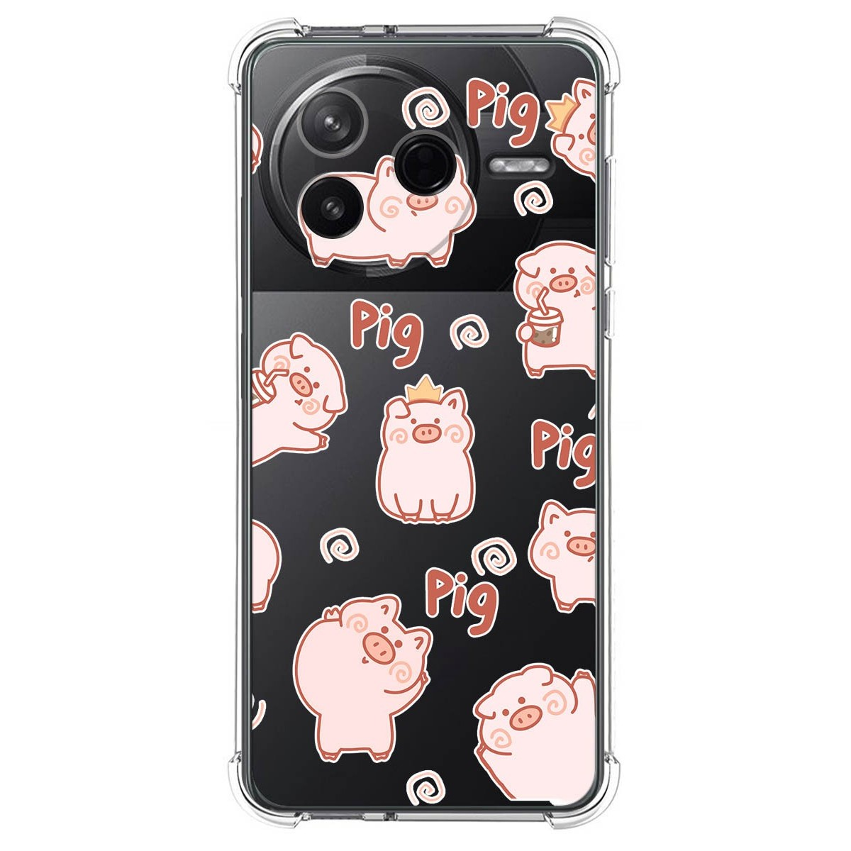 Funda de teléfono con un patrón de cerdos rosas. Cerdos en varias poses con la palabra 'Pig' escrita. Cámara visible.