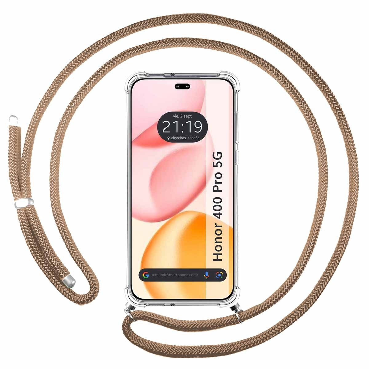 Telefono e custodia con cinturino, lo schermo mostra l'ora.
