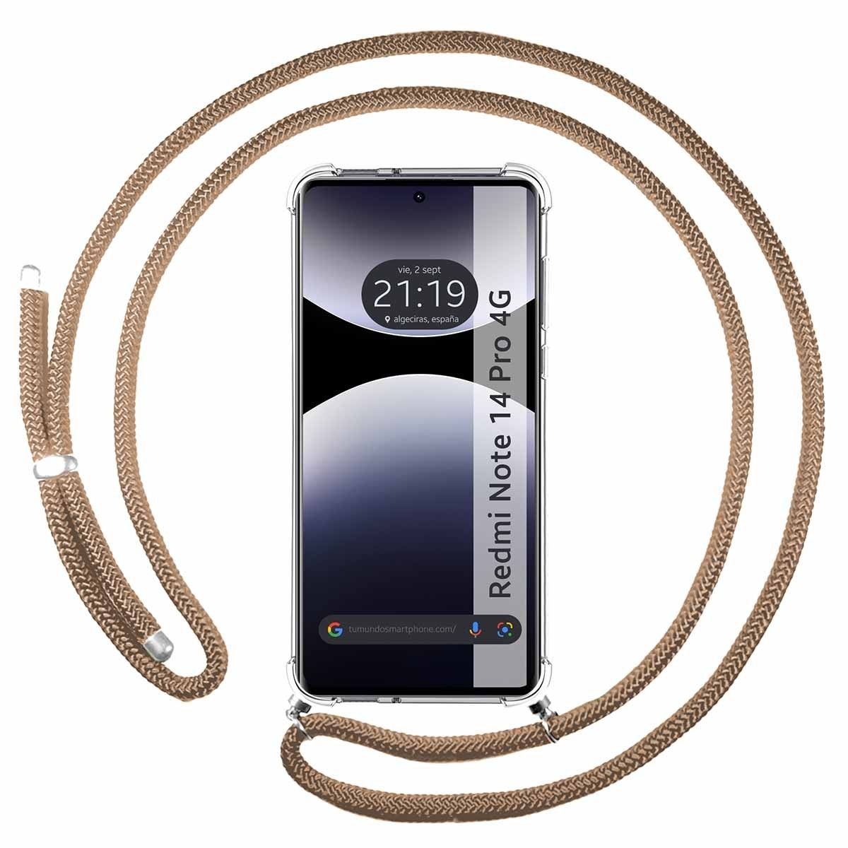 Custodia per telefono con telefono e cordino marrone.