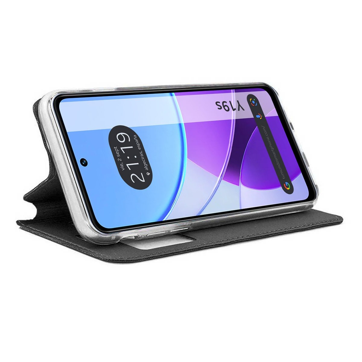 Uno smartphone in una custodia grigia, aperto, che mostra una schermata iniziale viola.