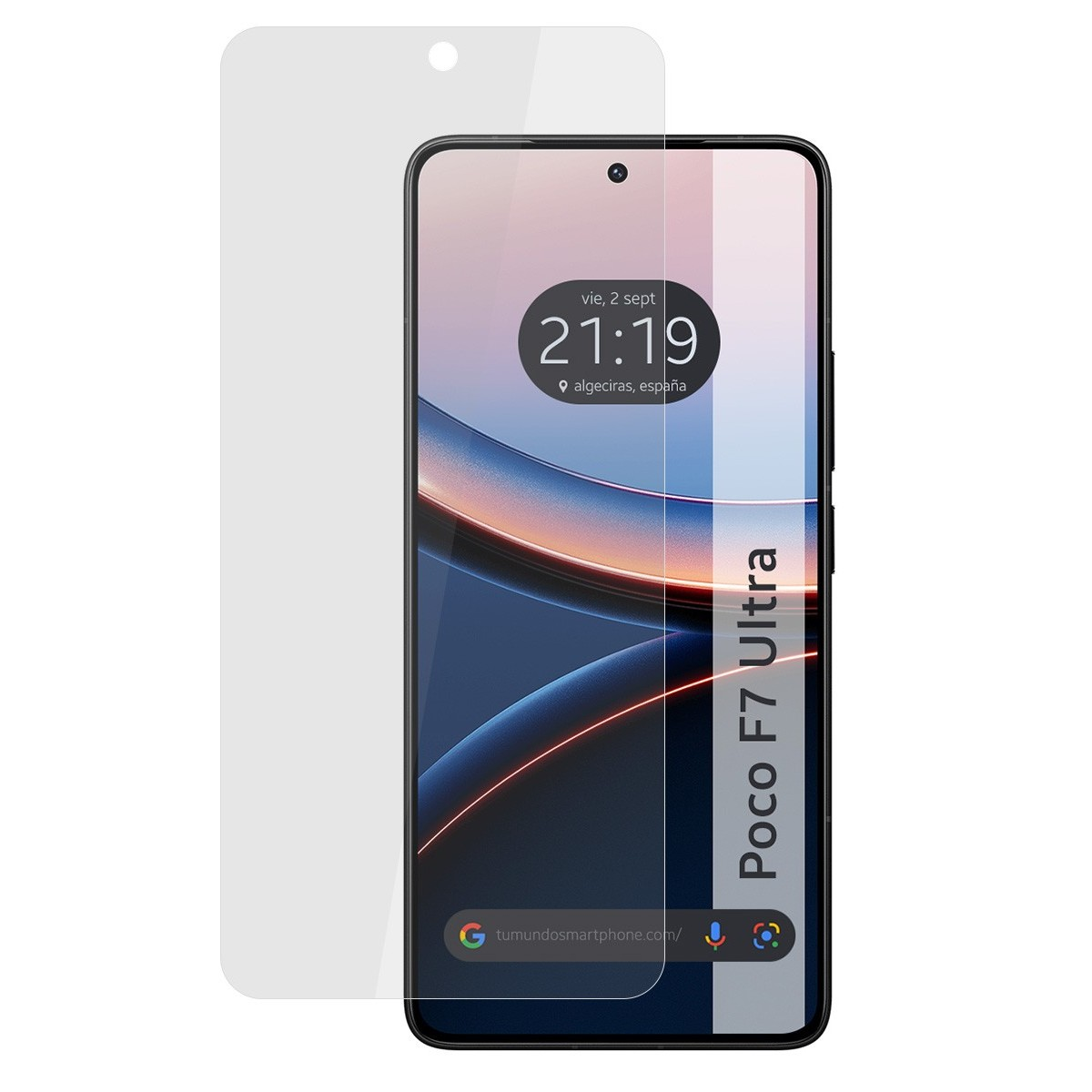 Schermo dello smartphone con vetro protettivo. Vengono visualizzati l'ora, la data e la posizione.