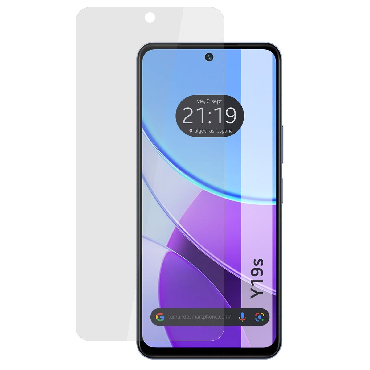 Schermo dello smartphone con vetro protettivo. Vengono visualizzati l'ora, la data e la posizione.