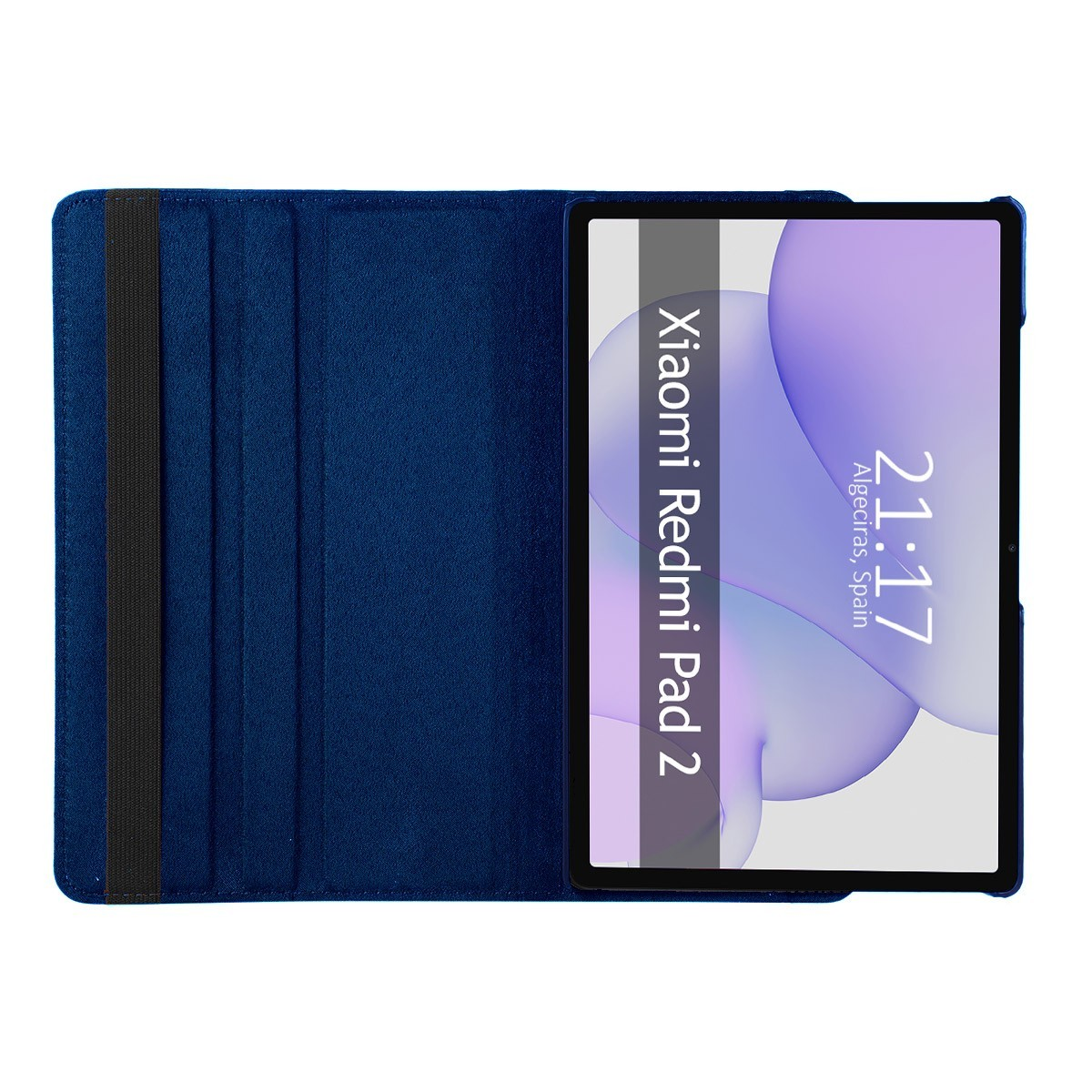Tableta en una funda azul, que muestra la hora, la fecha y la ubicación. La funda está abierta.