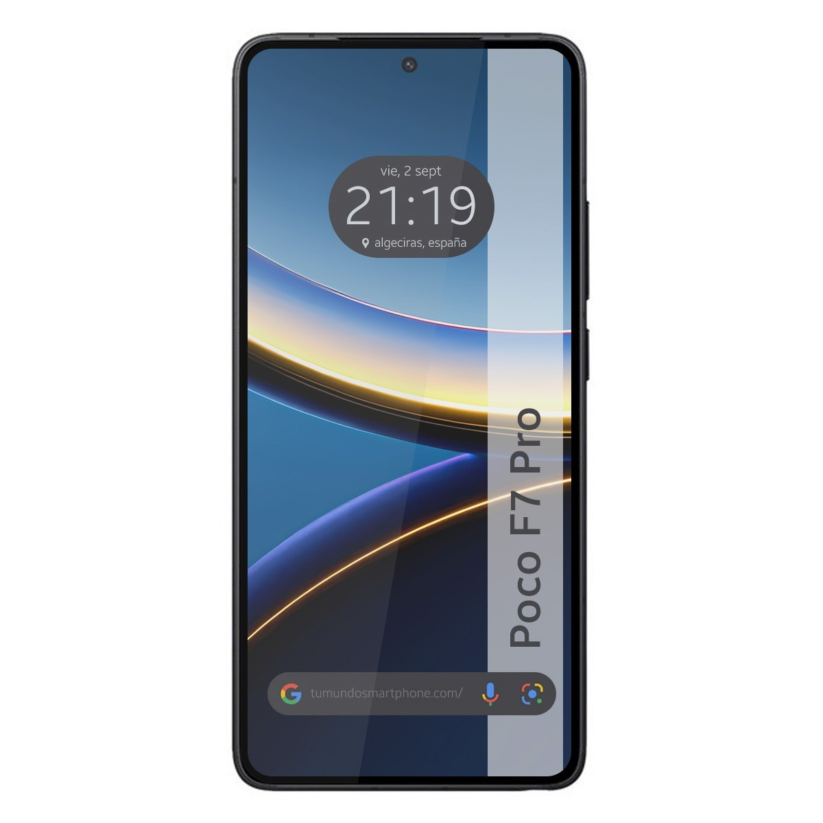 Schermo di telefono con orologio e 'Poco F7 Pro'. Design blu e giallo.