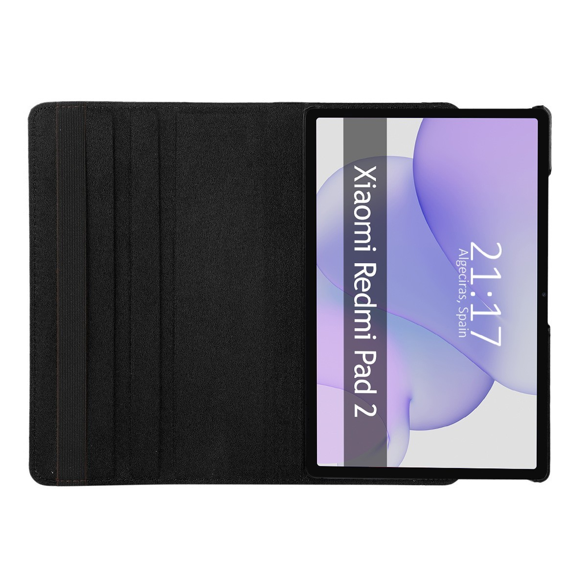 Tableta con funda negra abierta, mostrando la pantalla. Hora y nombre en la pantalla.