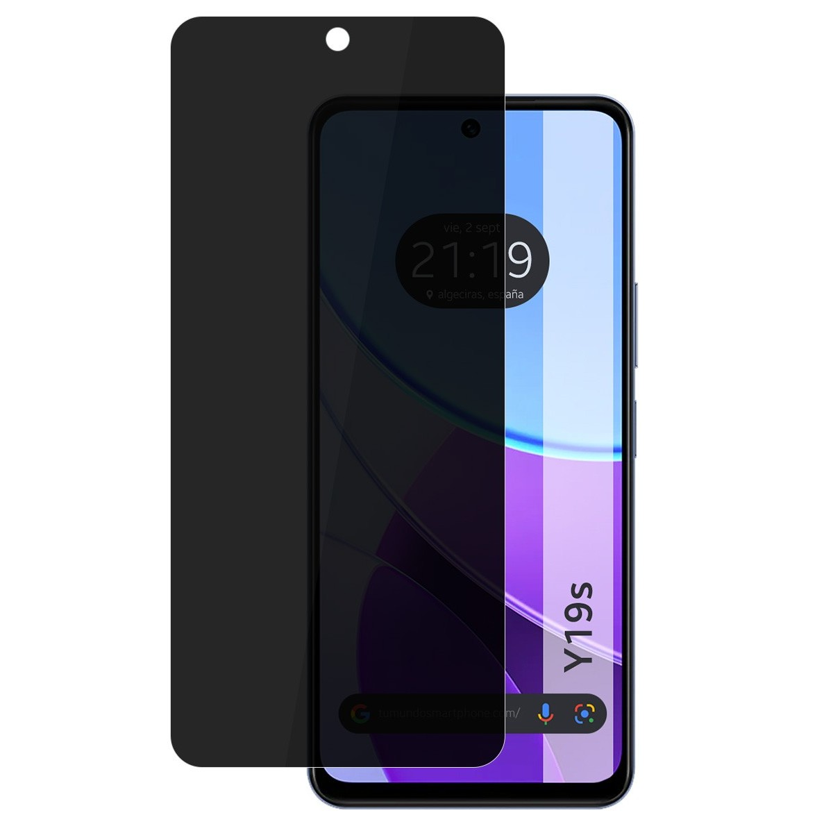 Smartphone con protezione schermo. Mostra l'ora e la barra di ricerca Google.