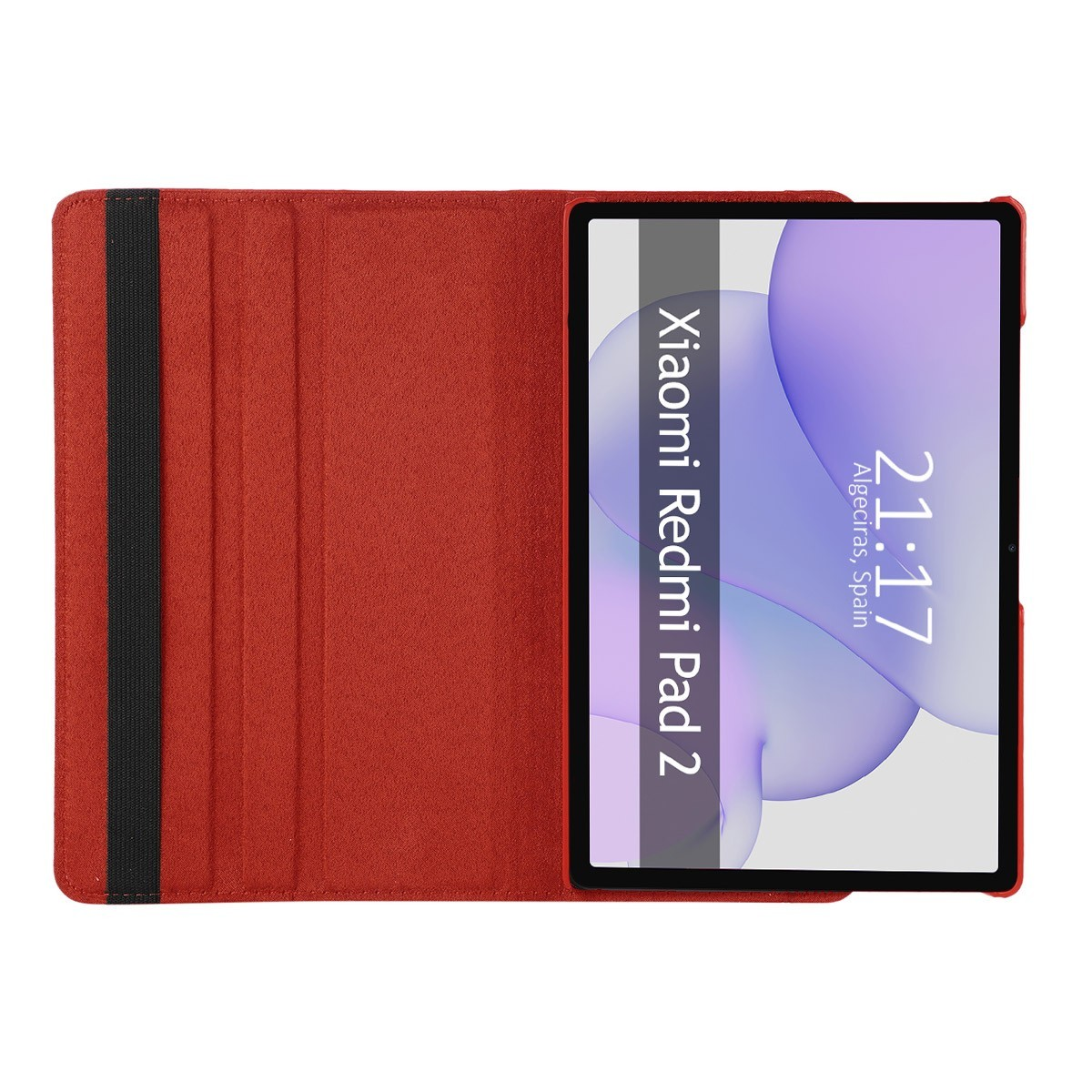Una tableta roja en una funda roja. La pantalla muestra un reloj y 'Xiaomi Redmi Pad 2'.