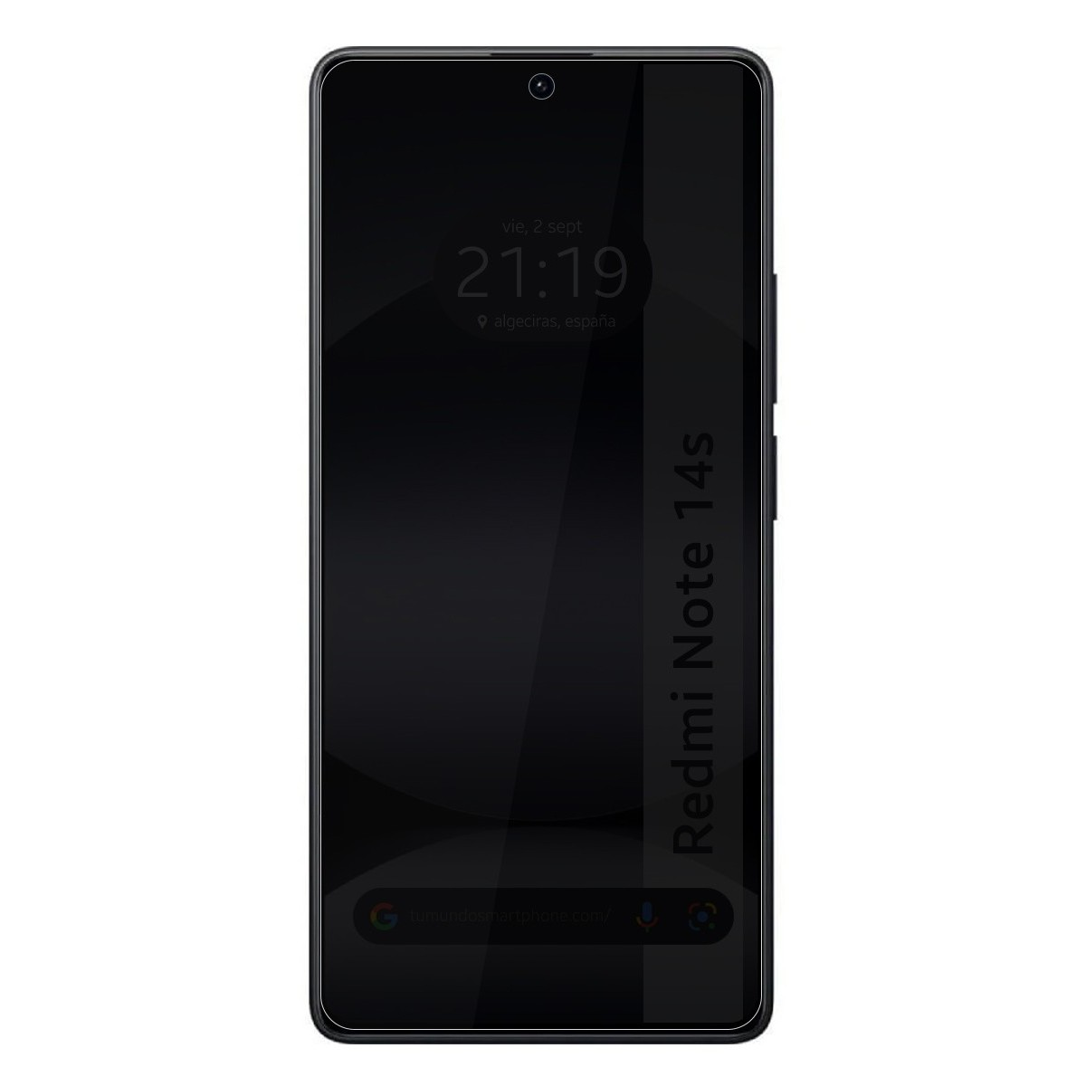 Smartphone nero con schermo acceso. Mostra l'ora e la barra di ricerca Google.