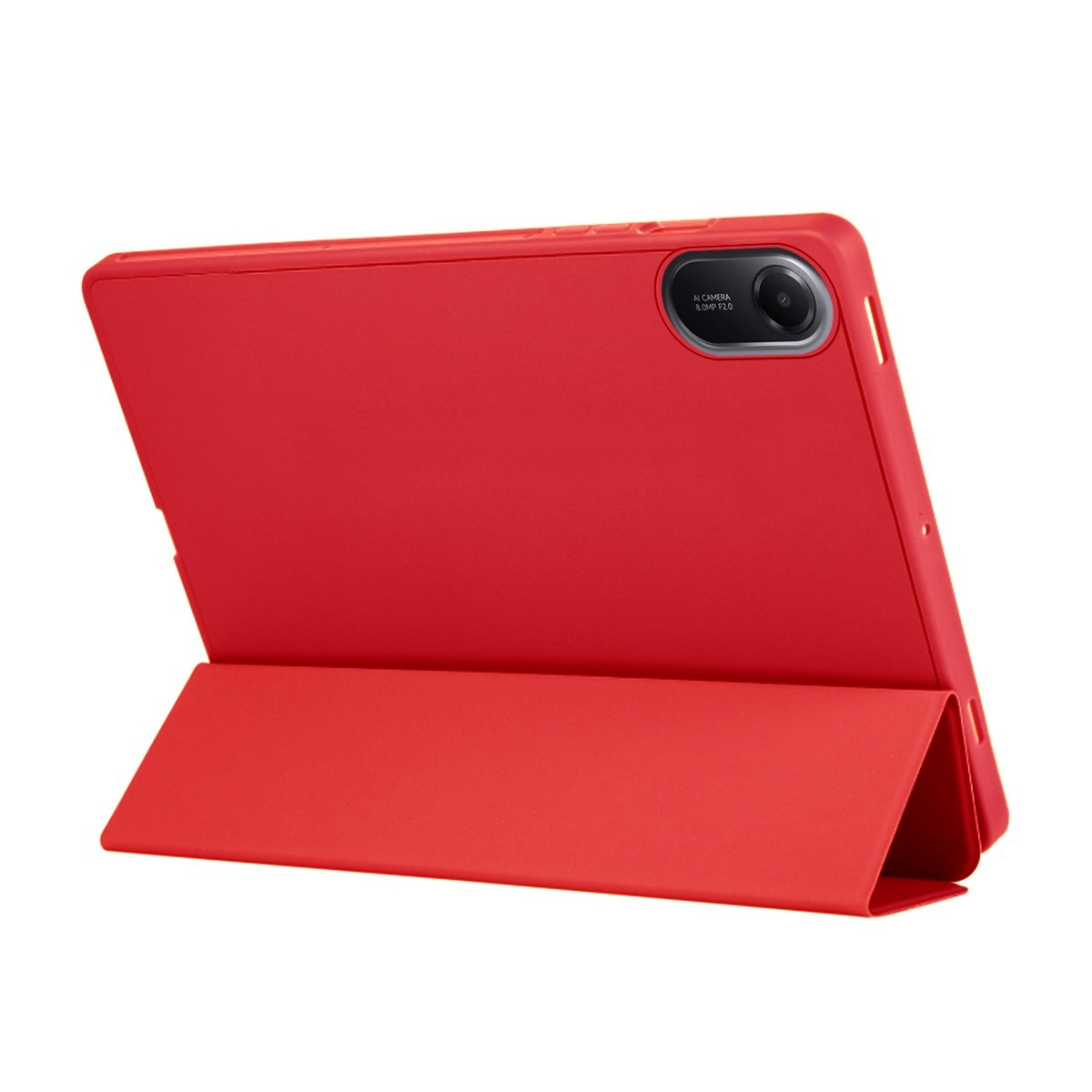 Tableta roja en funda roja. La tableta tiene cámara y está apoyada.