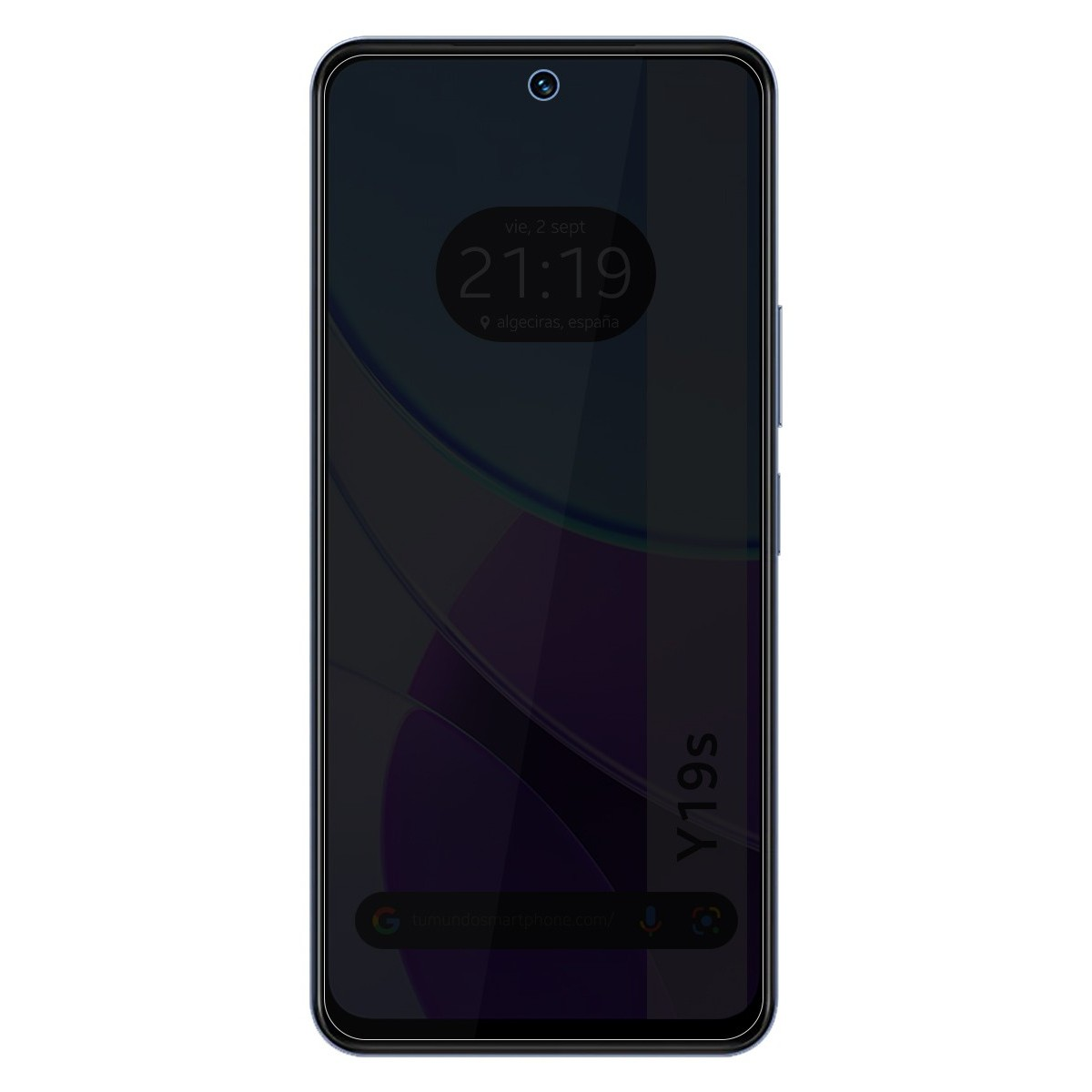 Schermo del telefono con orologio e 'Y19s'. Design blu scuro.