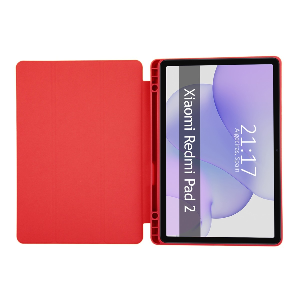 Una tableta roja en una funda roja. La pantalla muestra un reloj y 'Xiaomi Redmi Pad 2'.