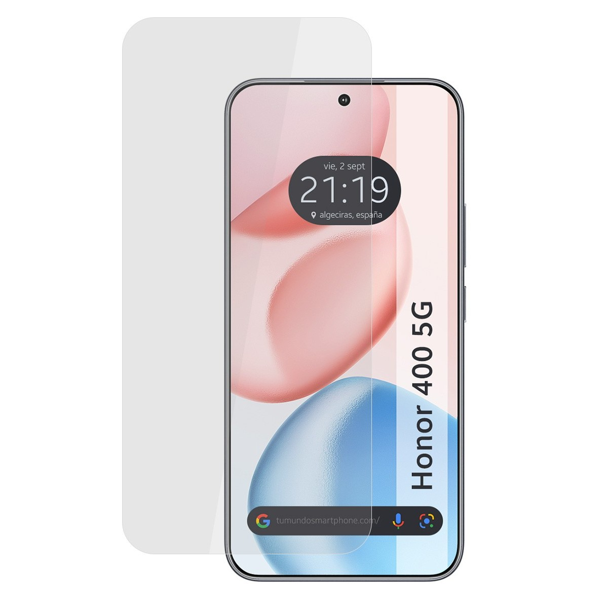 Smartphone con protezione schermo. Mostra l'ora e le icone delle app.