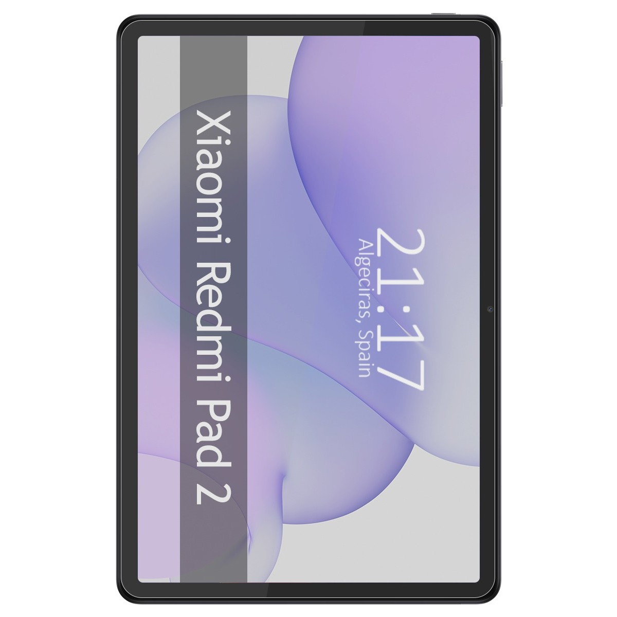 Tableta con protector de pantalla. Muestra la hora y el nombre en la pantalla.