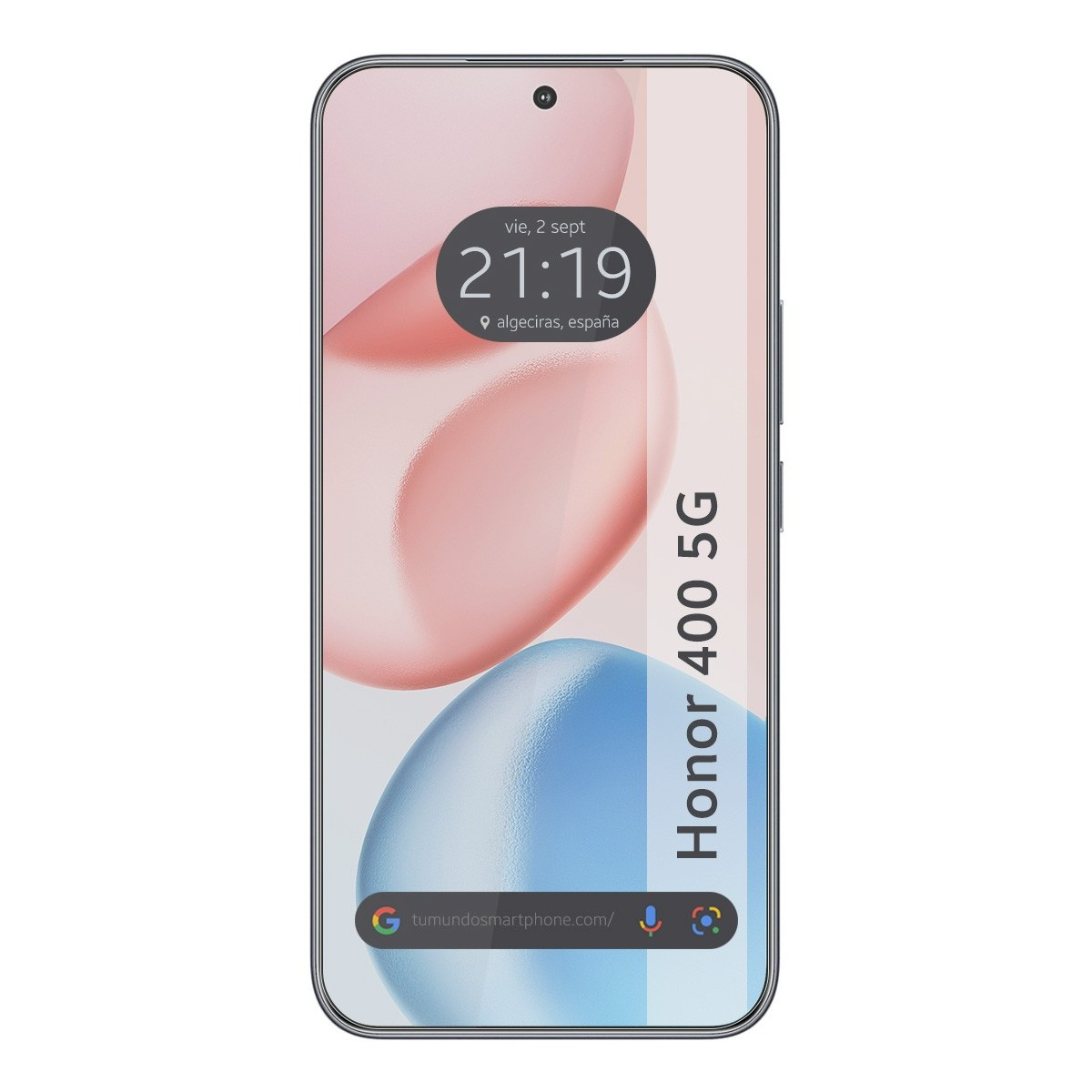 Schermo del telefono con orologio e 'Honor 400 5G'. Design rosa.