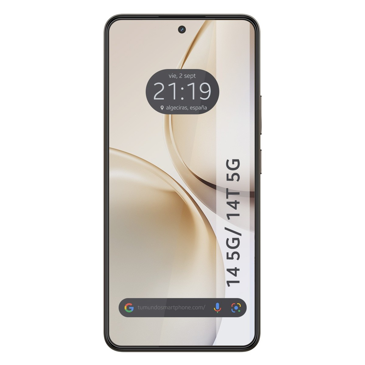 Lo schermo dello smartphone mostra ora e data, con sfondo dorato. Il testo laterale recita '14 5G/ 14T 5G'.