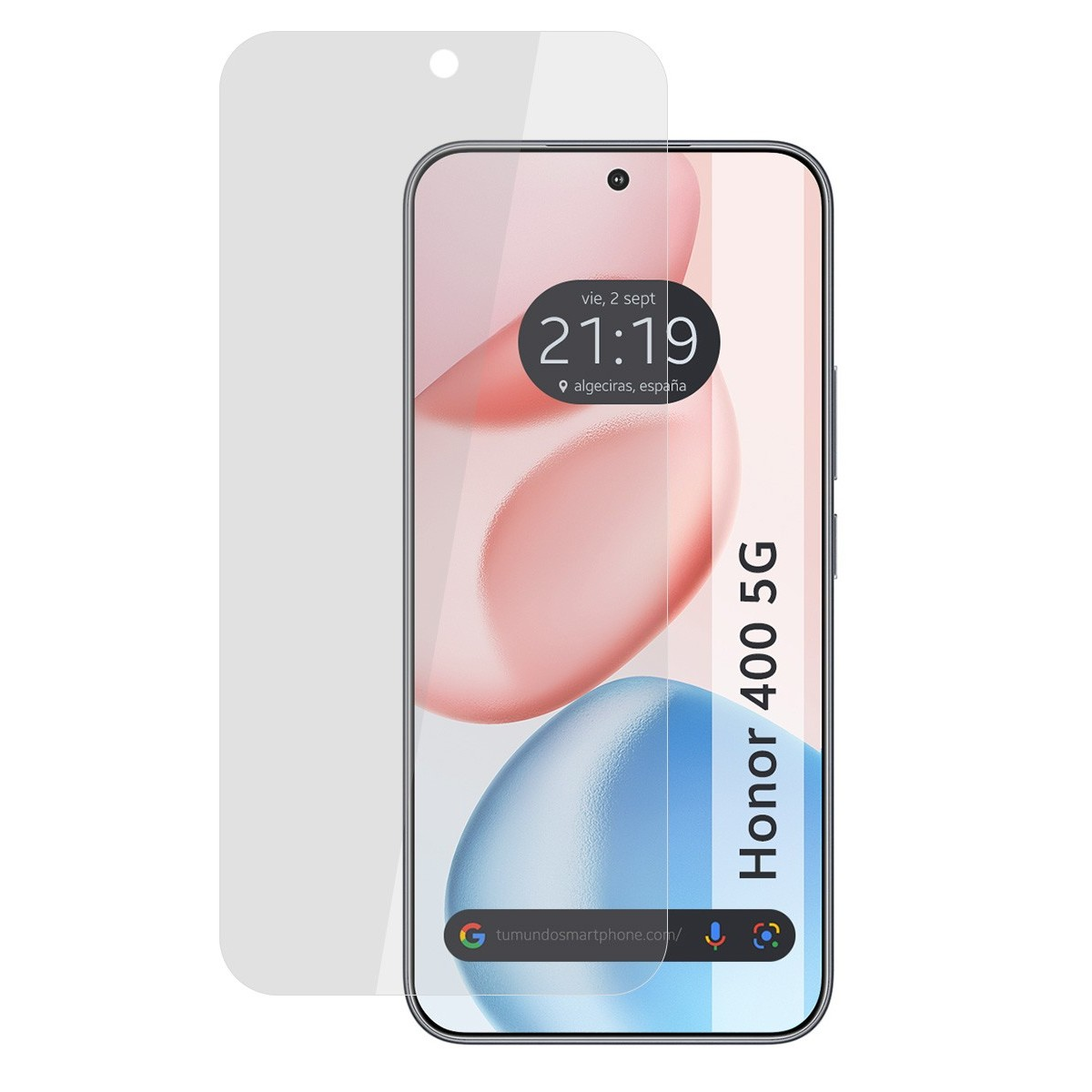 Un telefono con protezione schermo. Lo schermo mostra un orologio e la scritta 'Honor 400 5G'.