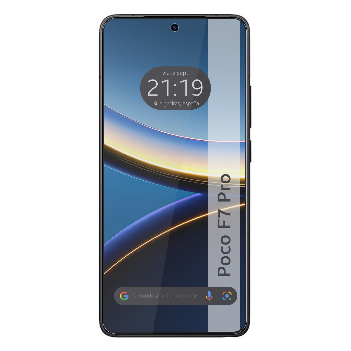 Schermo di telefono con orologio e 'Poco F7 Pro'. Design blu e giallo.