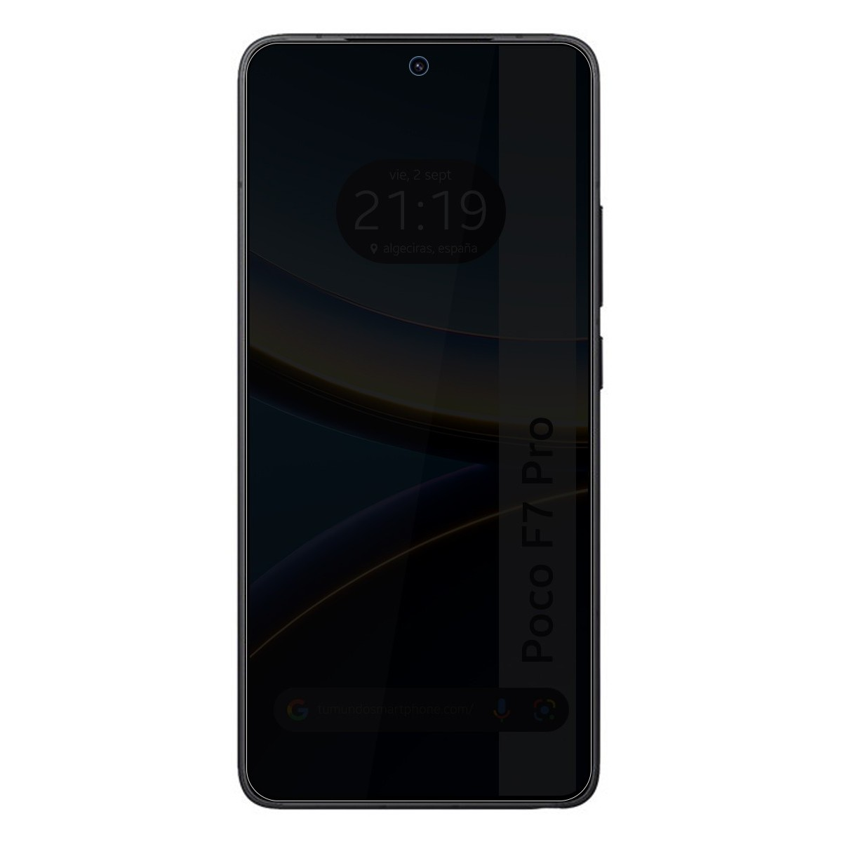 Uno schermo nero di telefono con l'ora visualizzata. Il testo 'Poco F7 Pro' è di lato.