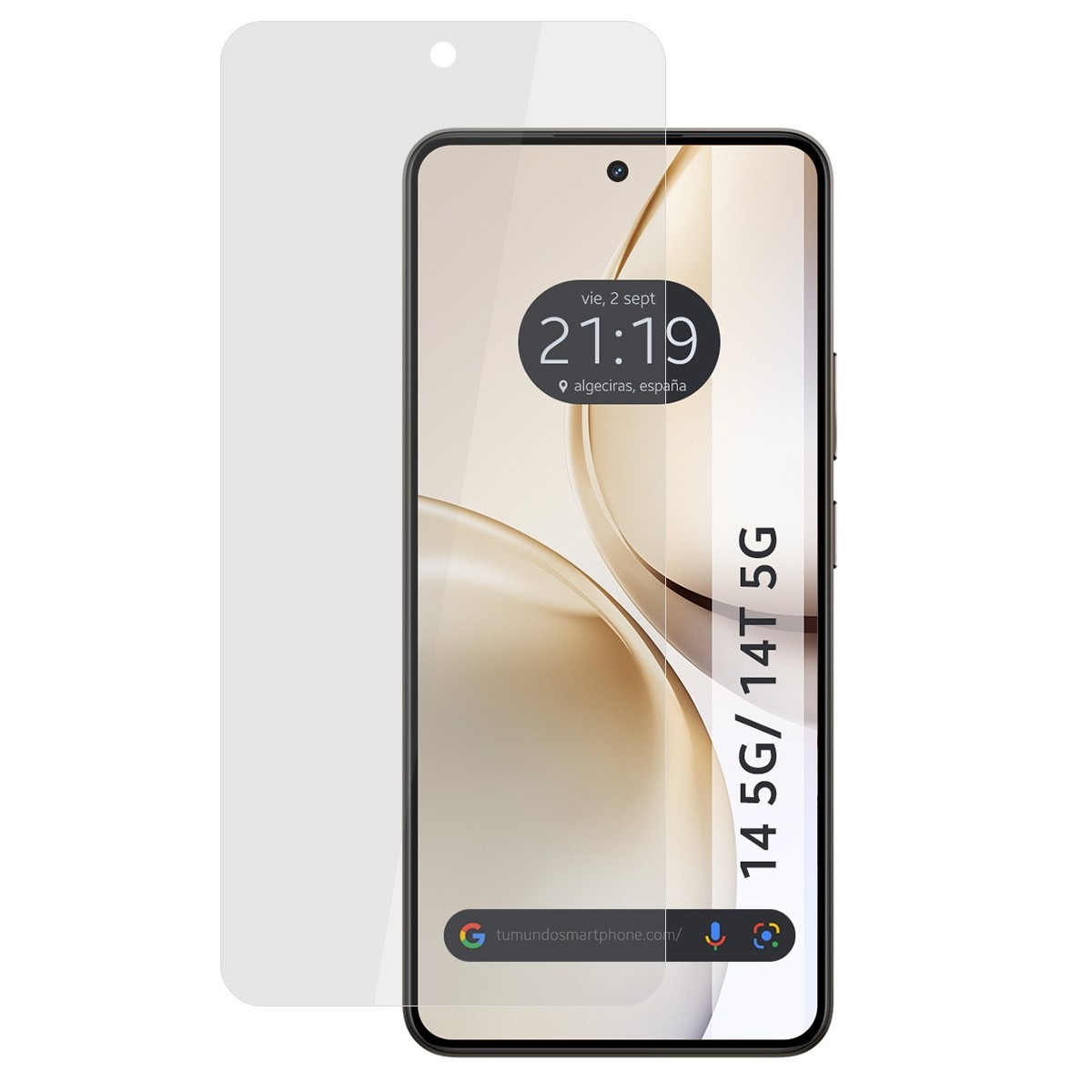 Un telefono con protezione schermo. Orologio e testo '14 5G/ 14T 5G' di lato.
