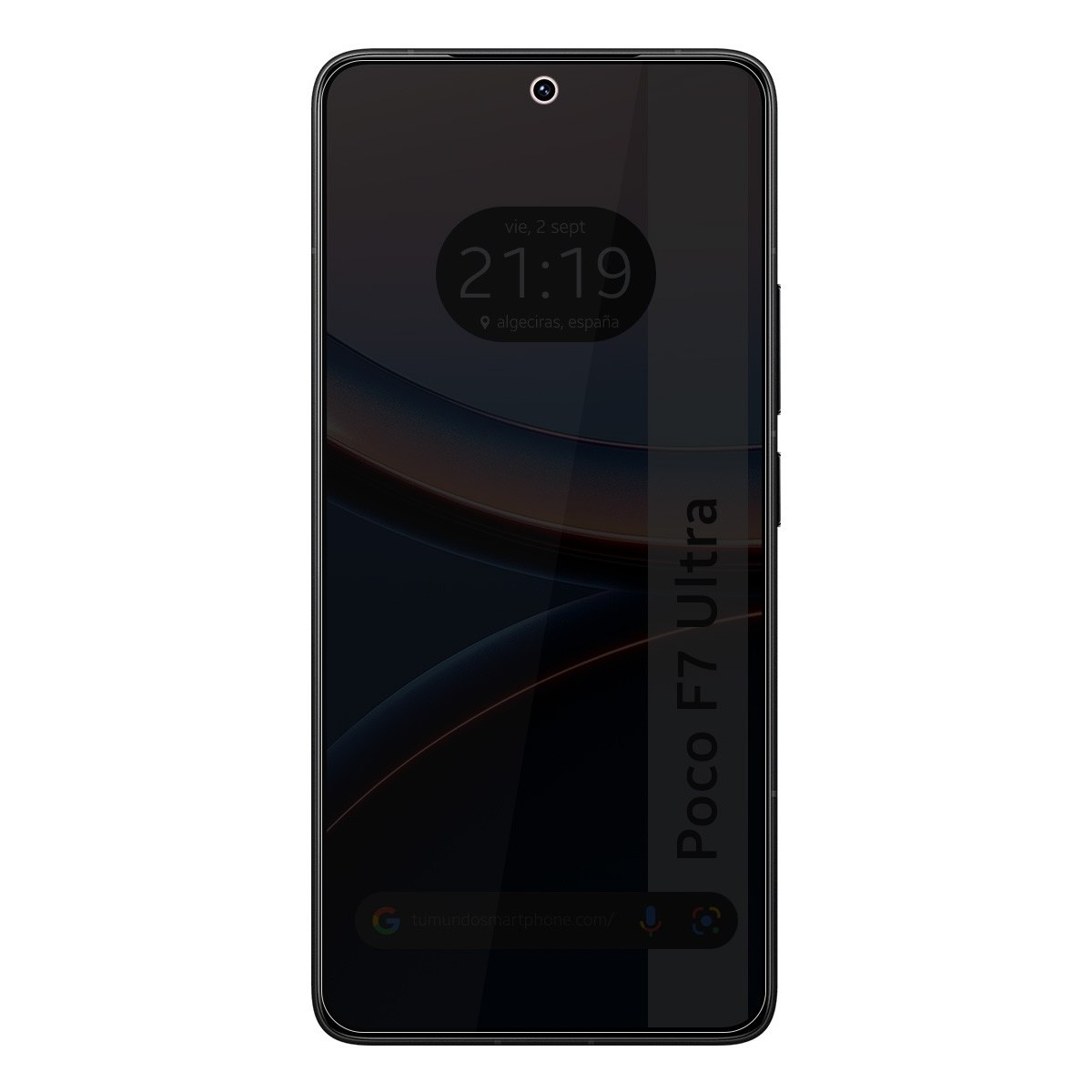 Lo schermo dello smartphone mostra ora e data. Il testo laterale recita 'Poco F7 Ultra'.