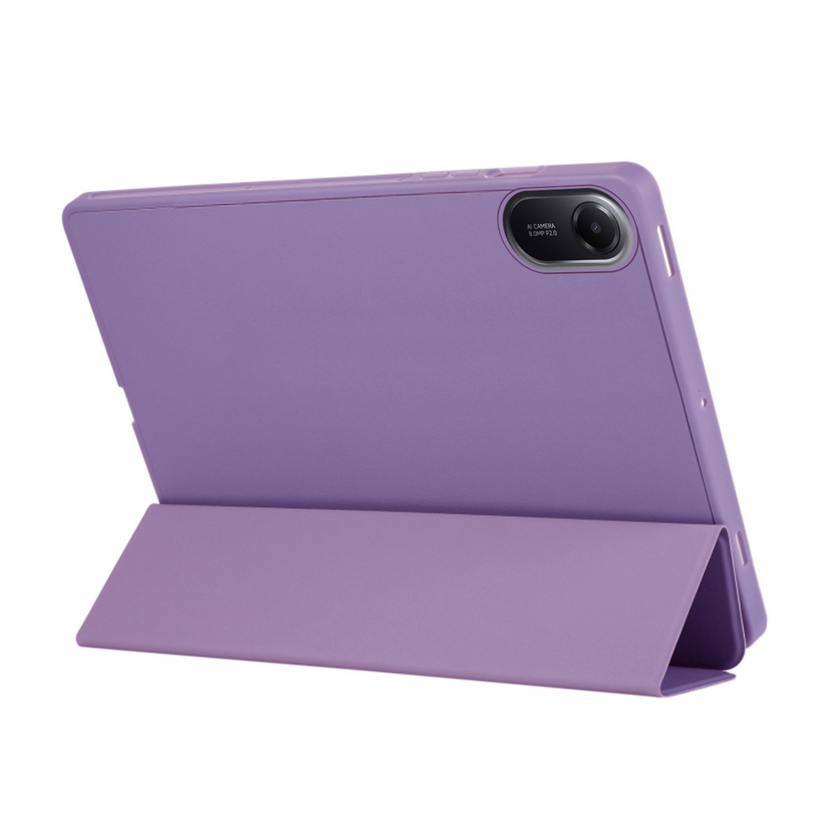 Tablet viola in custodia con supporto, mostra la fotocamera posteriore e il flash.