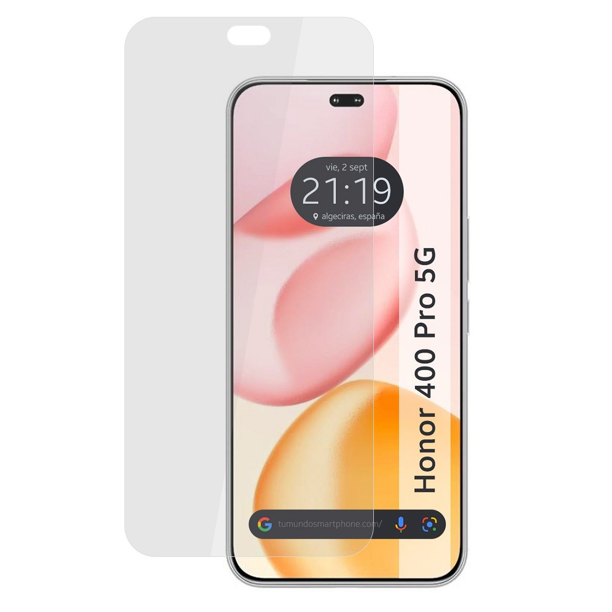 Schermo smartphone con protezione, mostra ora e data. Testo laterale: 'Honor 400 Pro 5G'.
