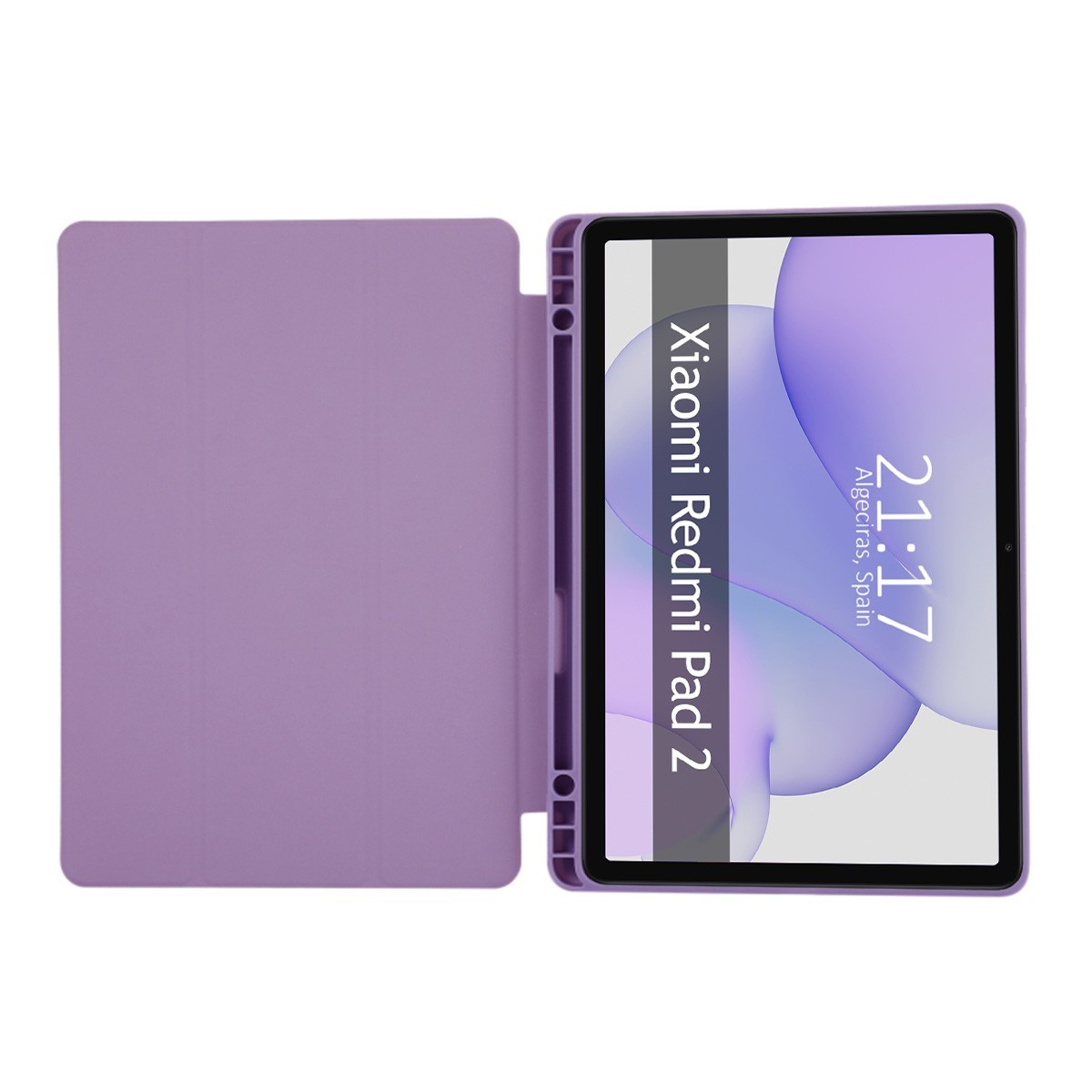 Tablet viola, mostra lo schermo con l'ora. Il testo sullo schermo dice 'Xiaomi Redmi Pad 2'.