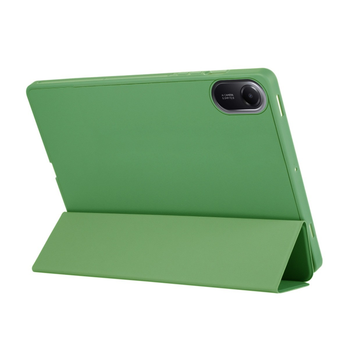 Tableta verde en funda con soporte, mostrando cámara trasera y flash.