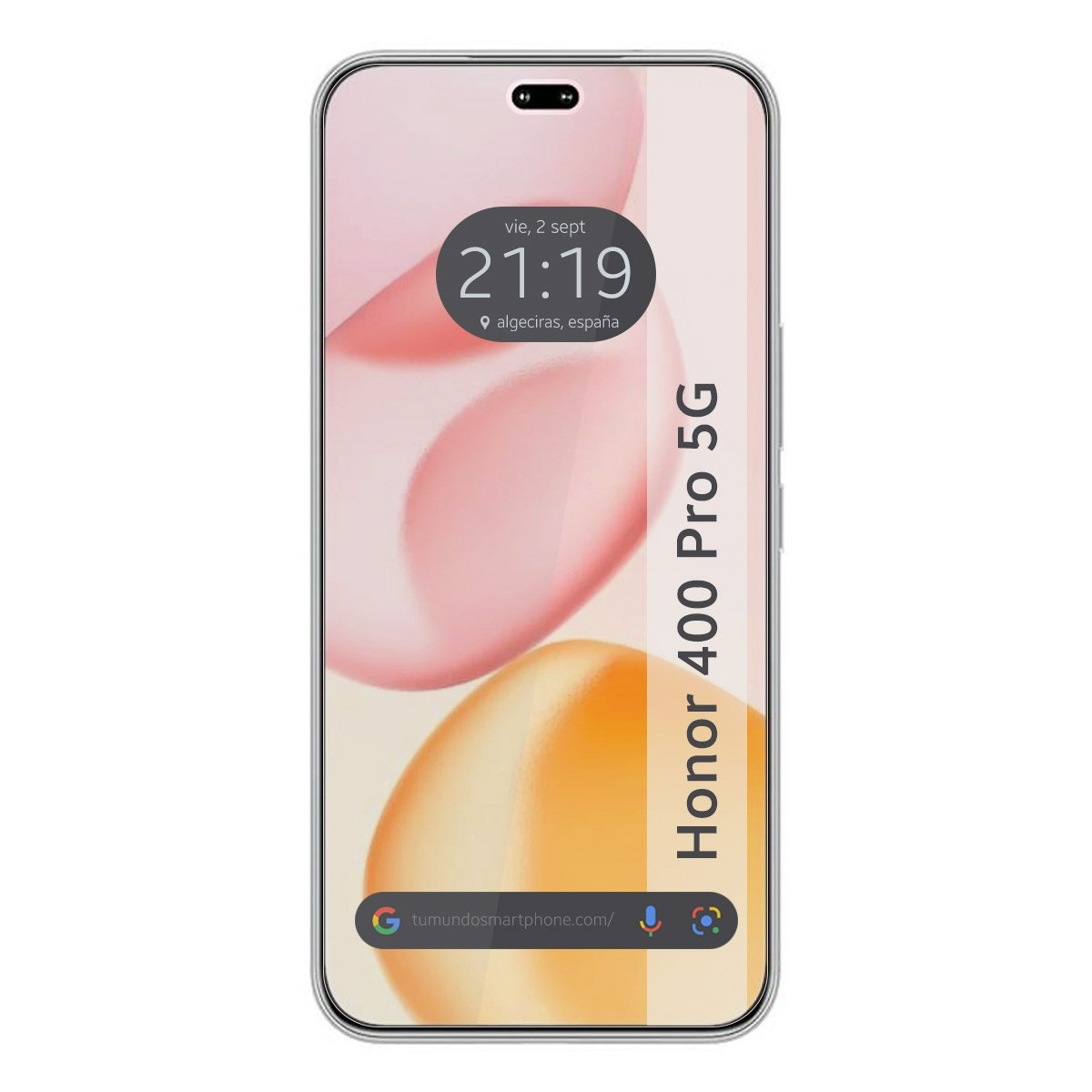 Lo schermo dello smartphone mostra ora e data. Il testo laterale recita 'Honor 400 Pro 5G'.