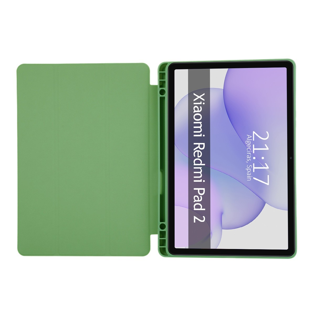 Tableta con funda verde, mostrando la pantalla con la hora. El texto en pantalla dice 'Xiaomi Redmi Pad 2'.