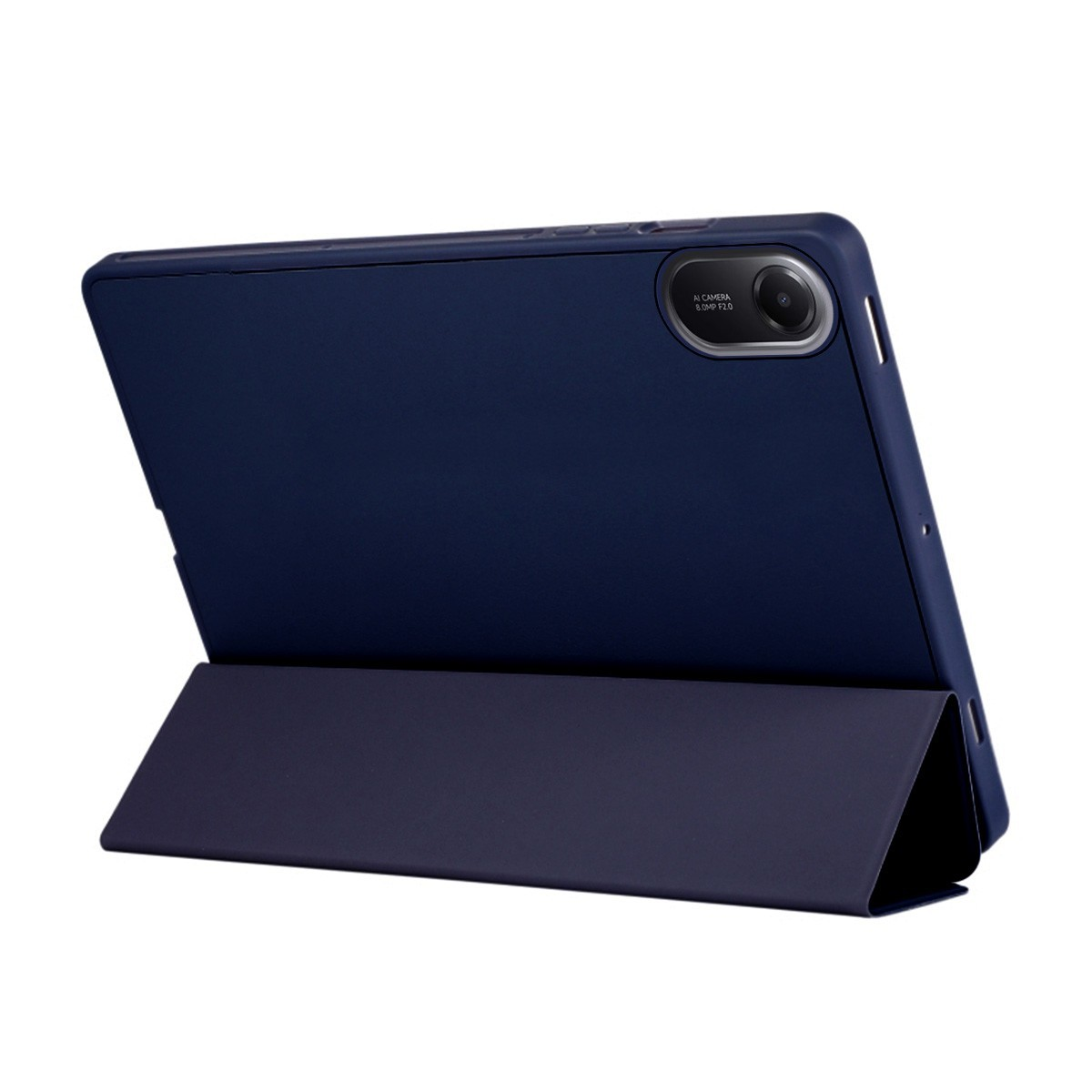 Tableta azul marino con funda con soporte, cámara lateral. El soporte está plegado.