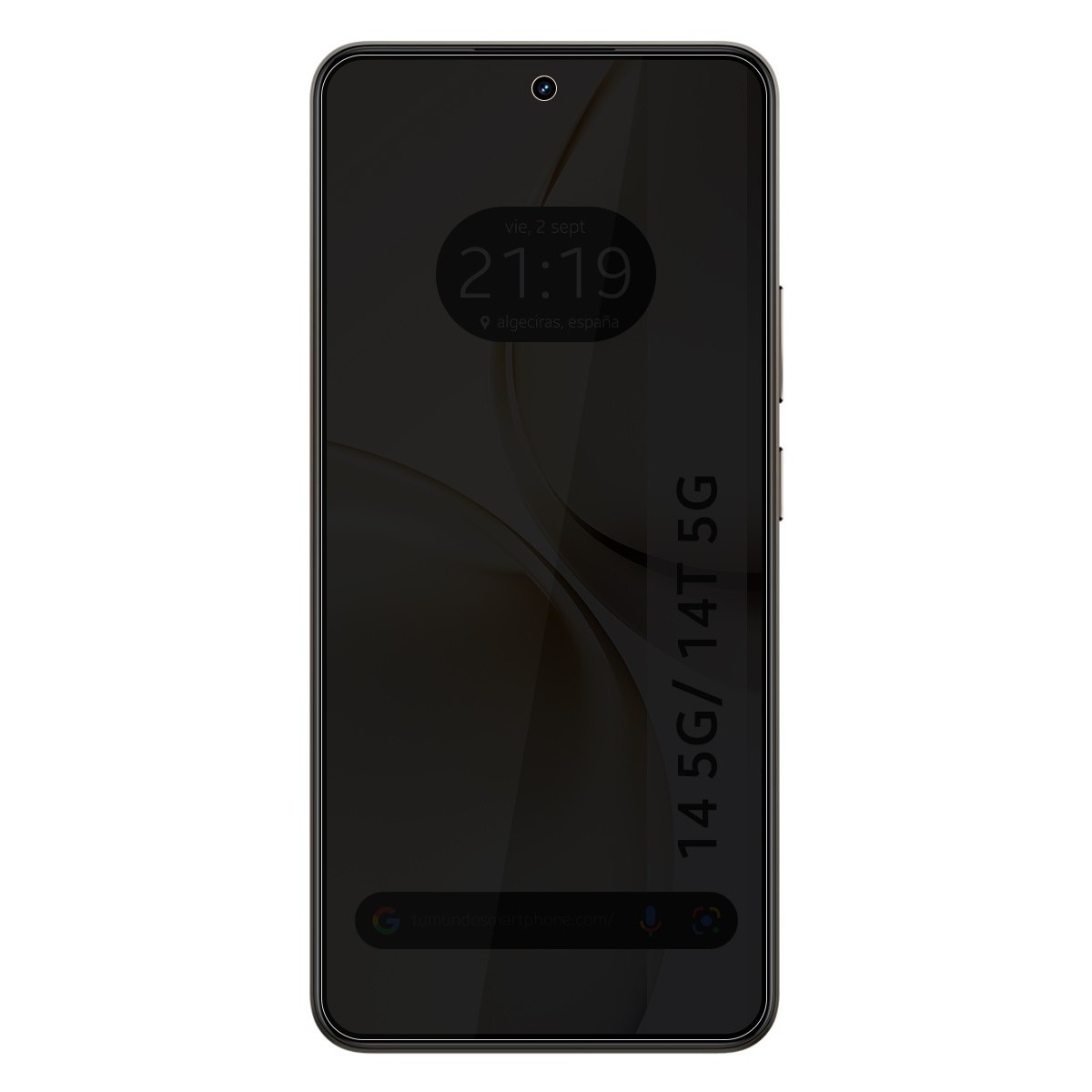 Schermo smartphone con ora e data, sfondo scuro. Il telefono è nero e ha un pulsante laterale.