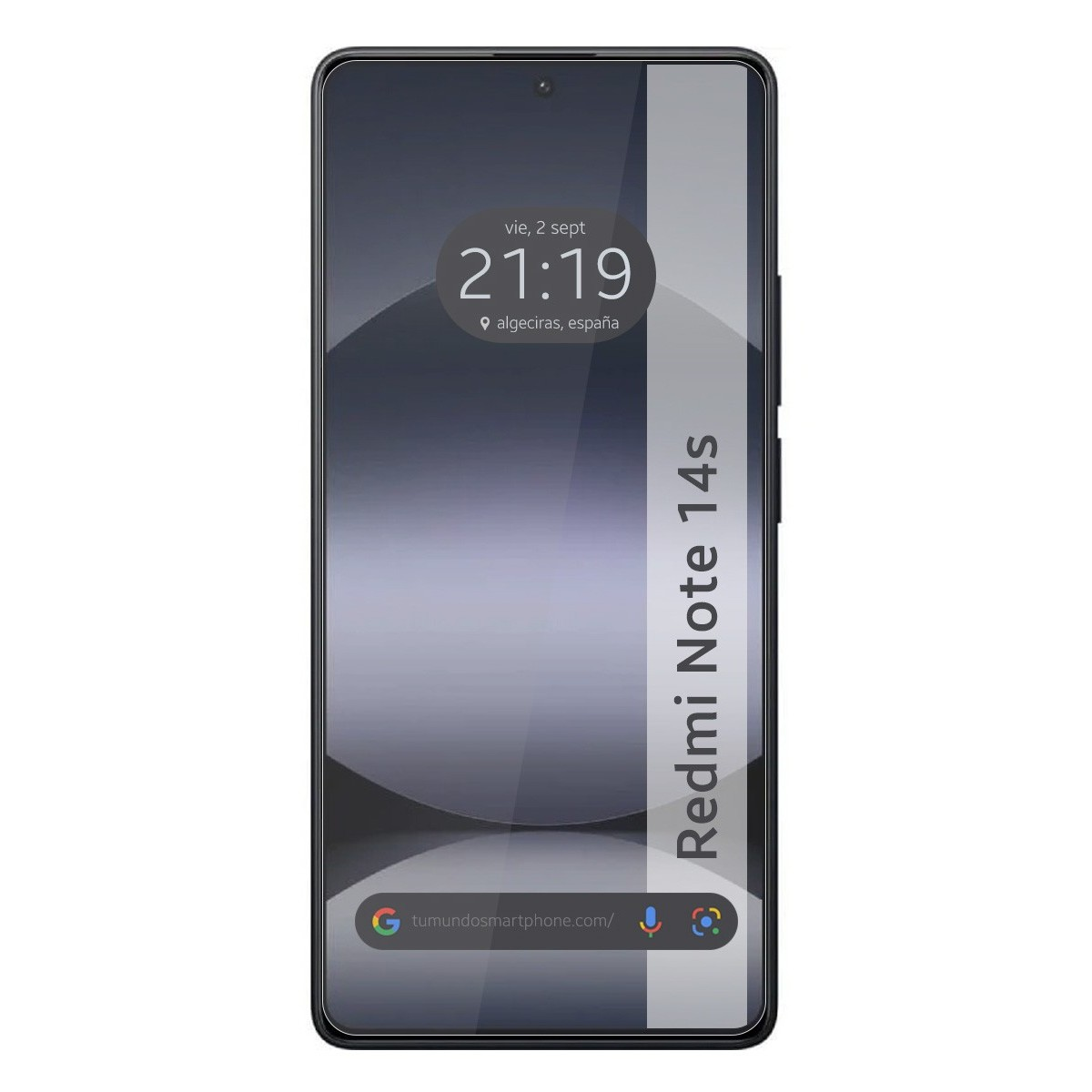 Schermo del telefono con ora e data. Testo: Redmi Note 14s. Sfondo grigio.